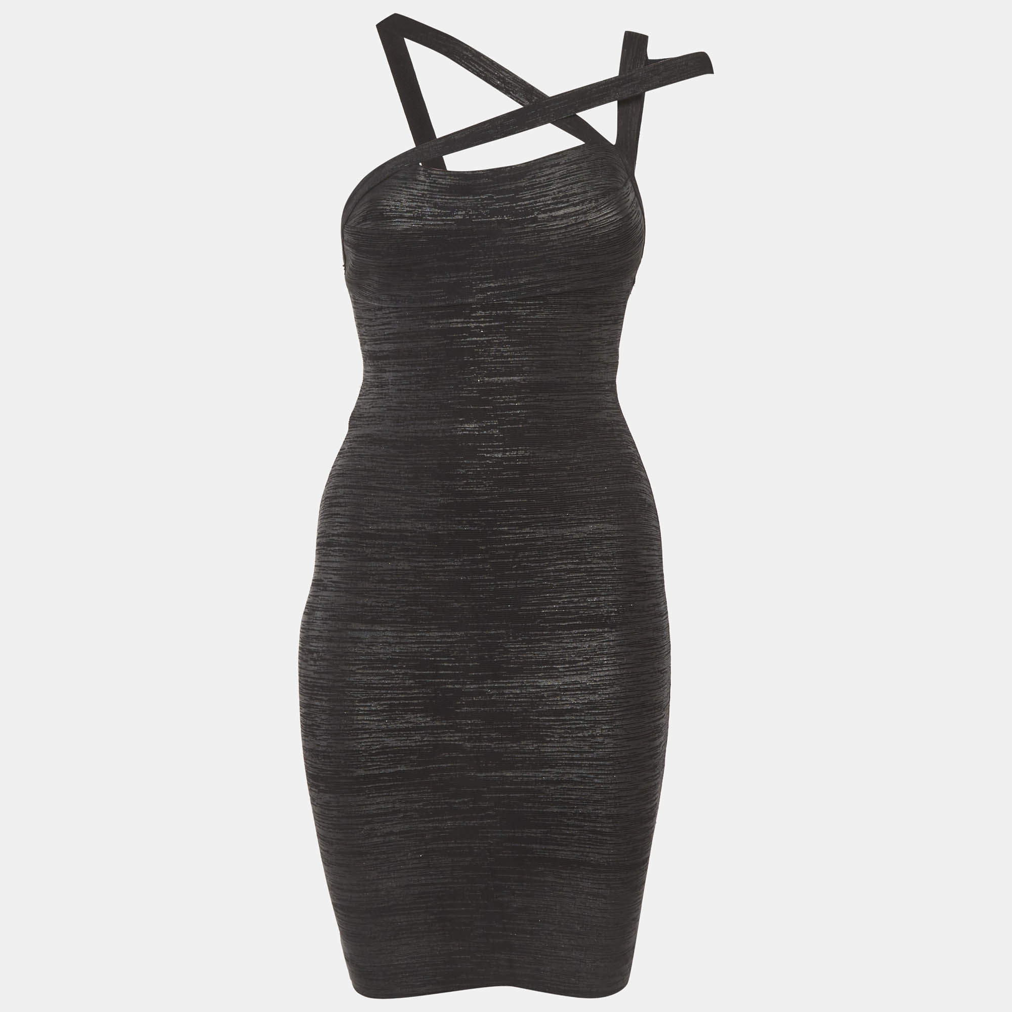 Pre Owned Herve Leger Black Printed Knit Bandage Dress S