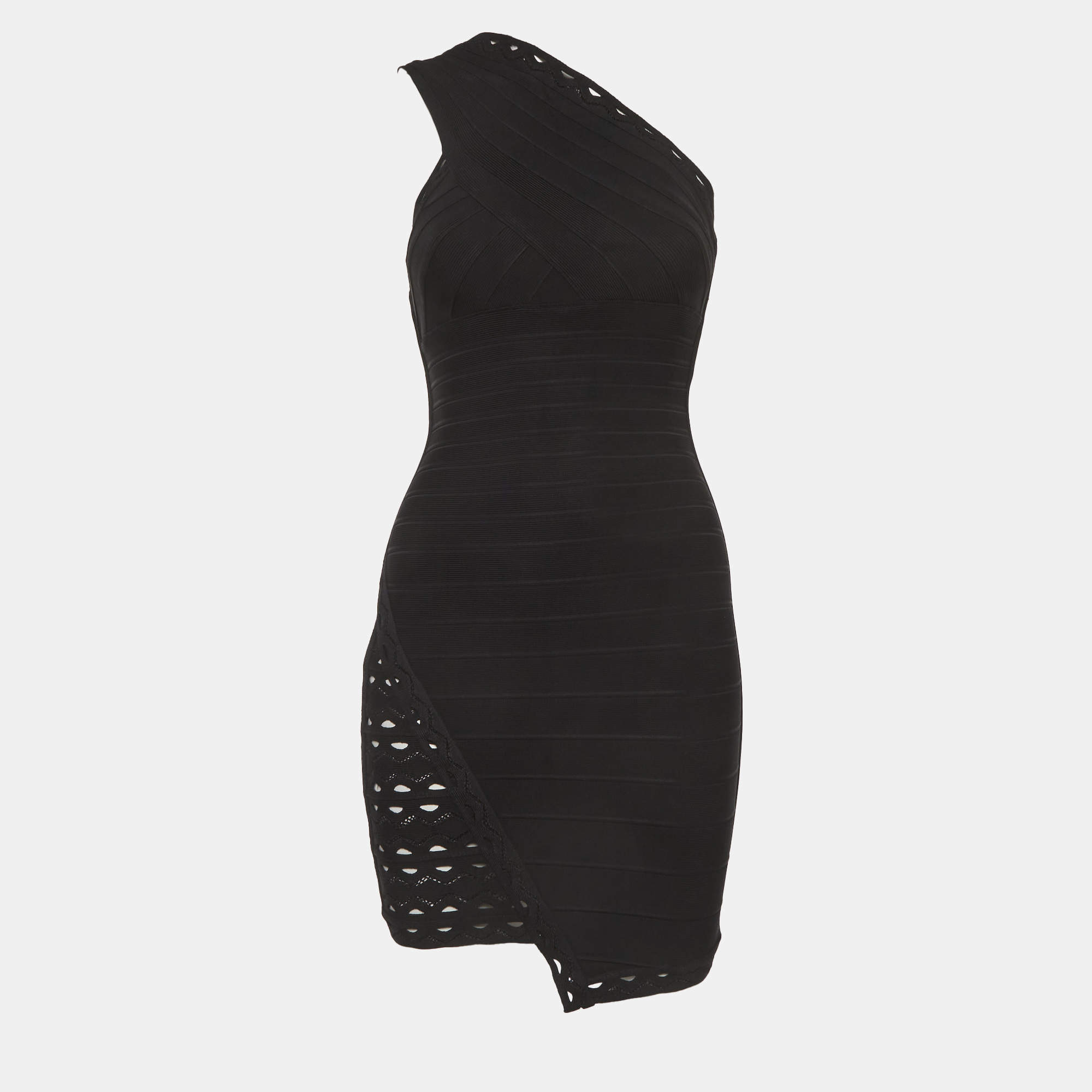 Pre Owned Herve Leger Black Stretch Knit One Shoulder Mini Dress XS