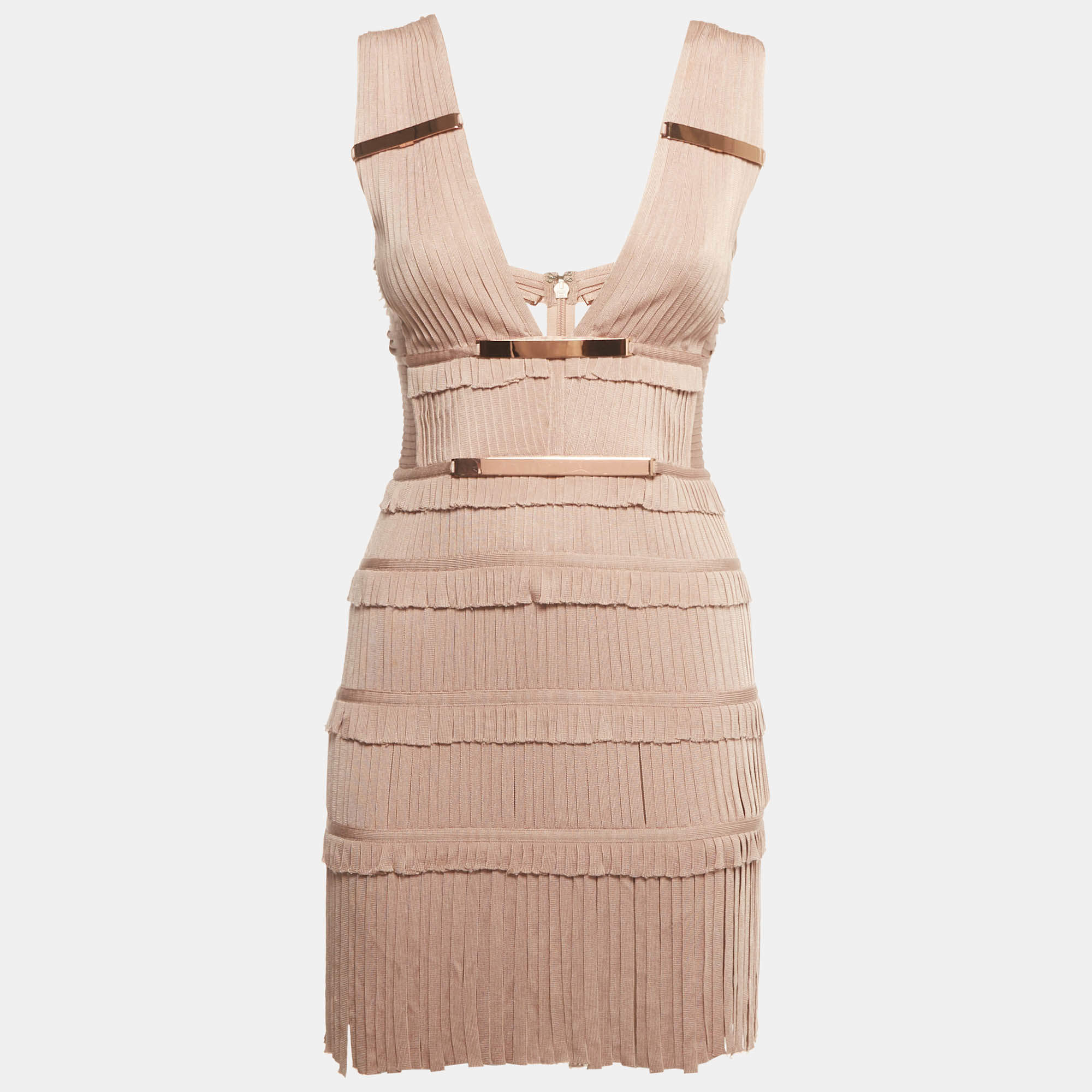 Pre Owned Herve Leger Dusty Pink Bandage Knit Plunge Neck Fringe Mini Dress XS