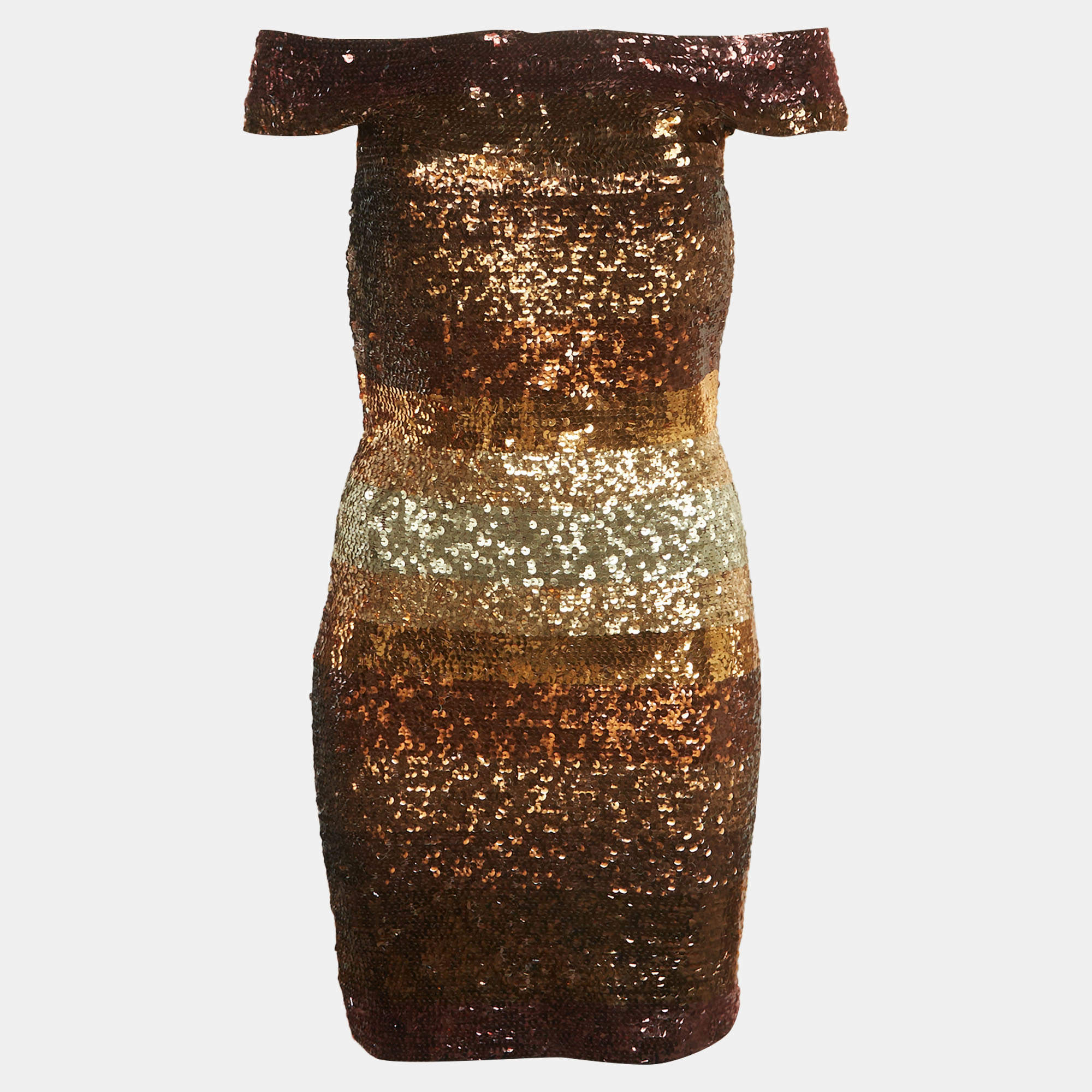 Pre Owned Hervé Léger Brown Sequins Knit Off-Shoulder Bandage Dress L