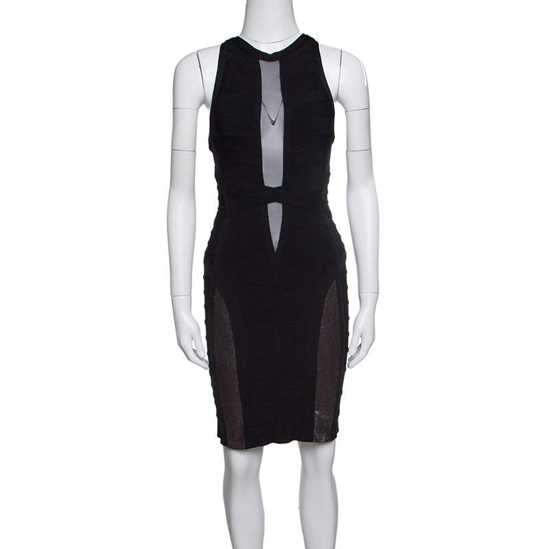Herve Leger Black Mesh Insert Metallic Trim Racer Back Bandage Dress S