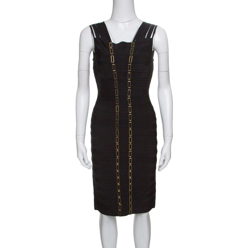 مملوكة مسبقًا Herve Leger Black Metal Chain Link Detail Bandage Gemma Dress M