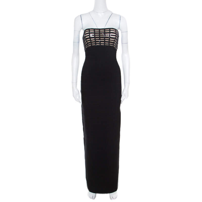 Herve Leger Black Sequin Grid Embellished Strapless Florence Bandage Gown XS