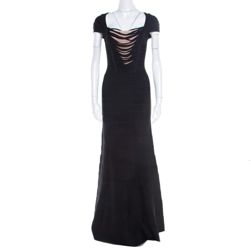 Herve Leger Black Knit Fringed Bodice Lora  Bandage Mermaid Gown XS