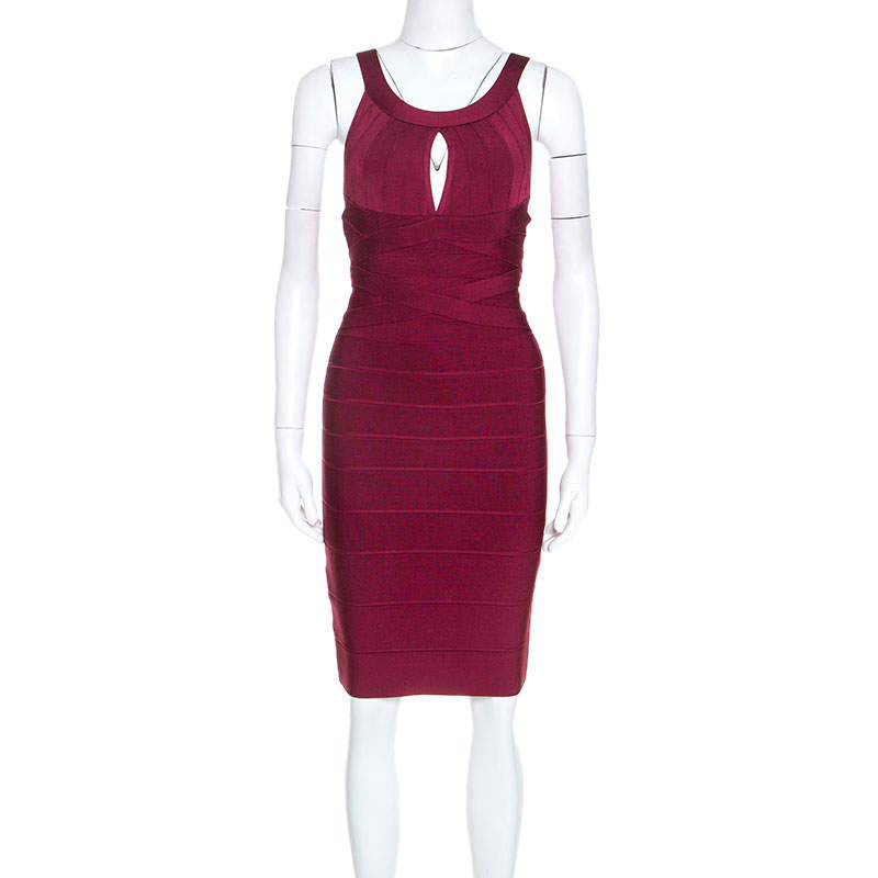 Pre Owned Herve Leger Dark Maroon Keyhole Detail Iridessa Bandage Dress M