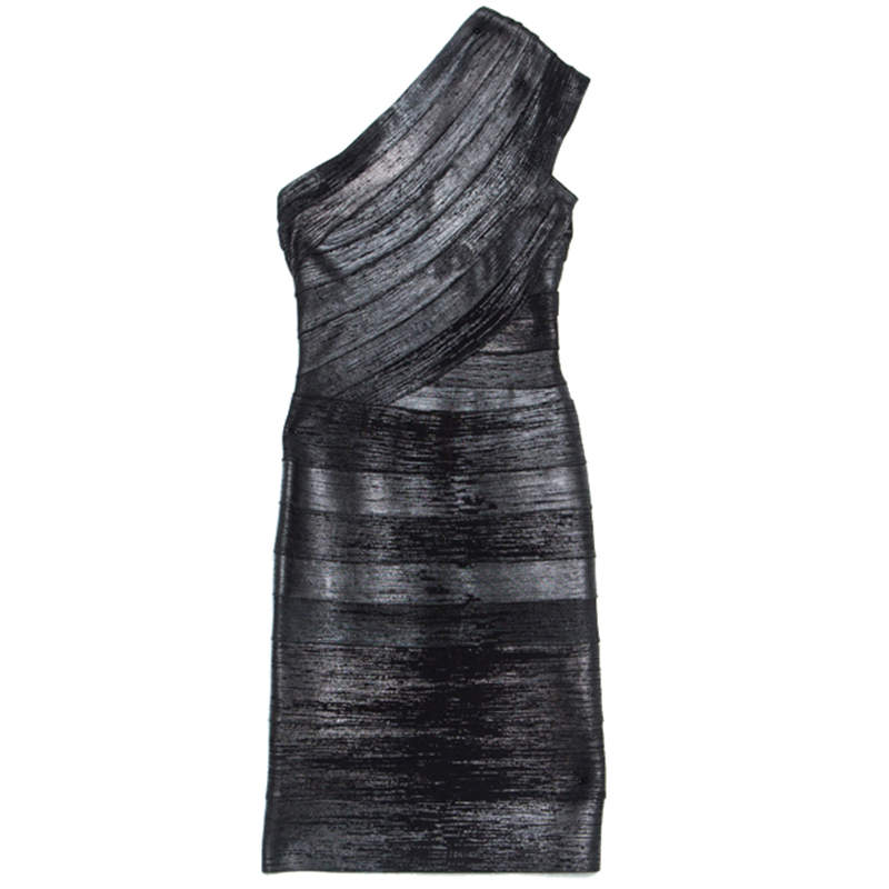 مملوكة مسبقًا Herve Leger Black Foil Printed One Shoulder Josephine Dress XXS