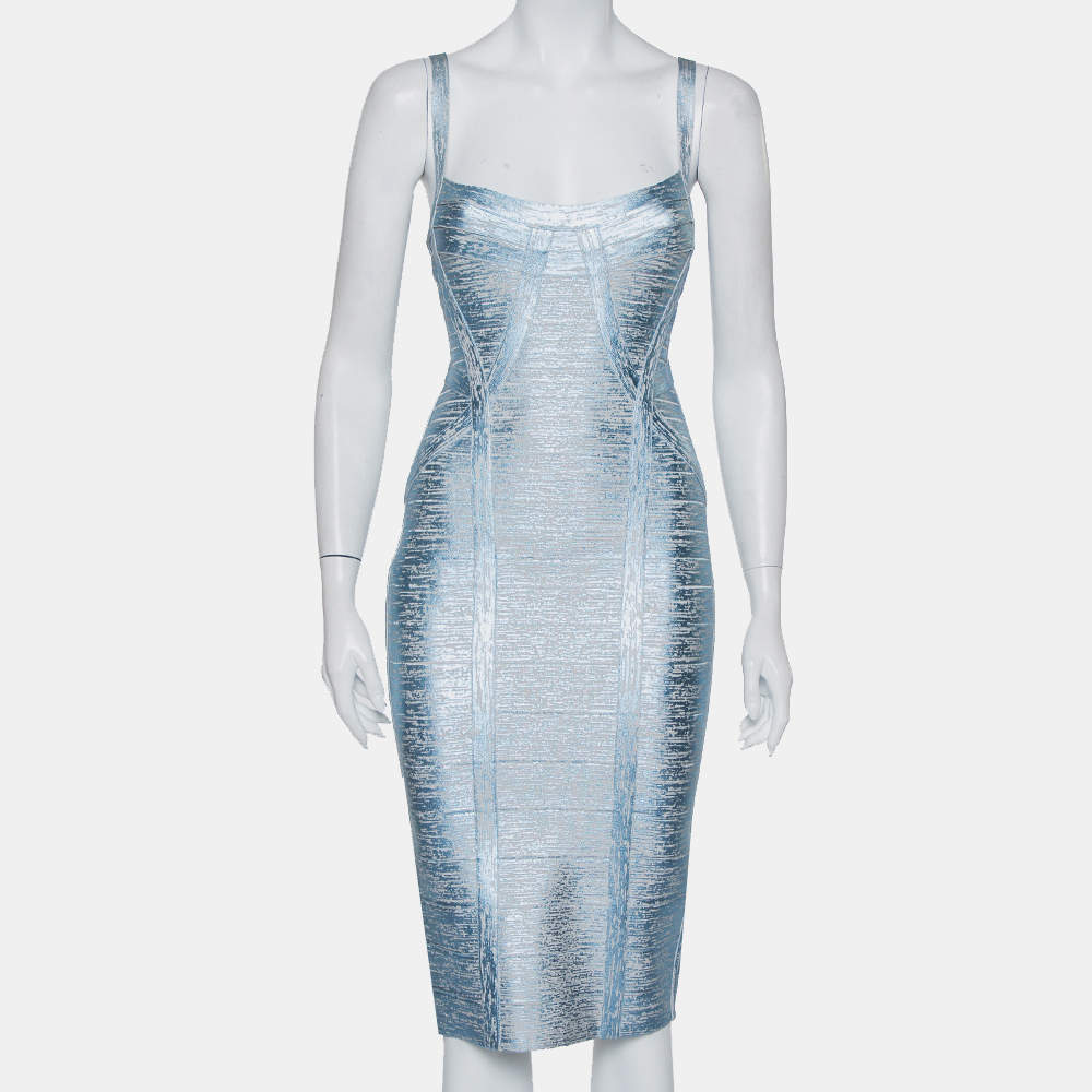 Herve Leger Blue Crushed Metallic Knit Bandage Dress M