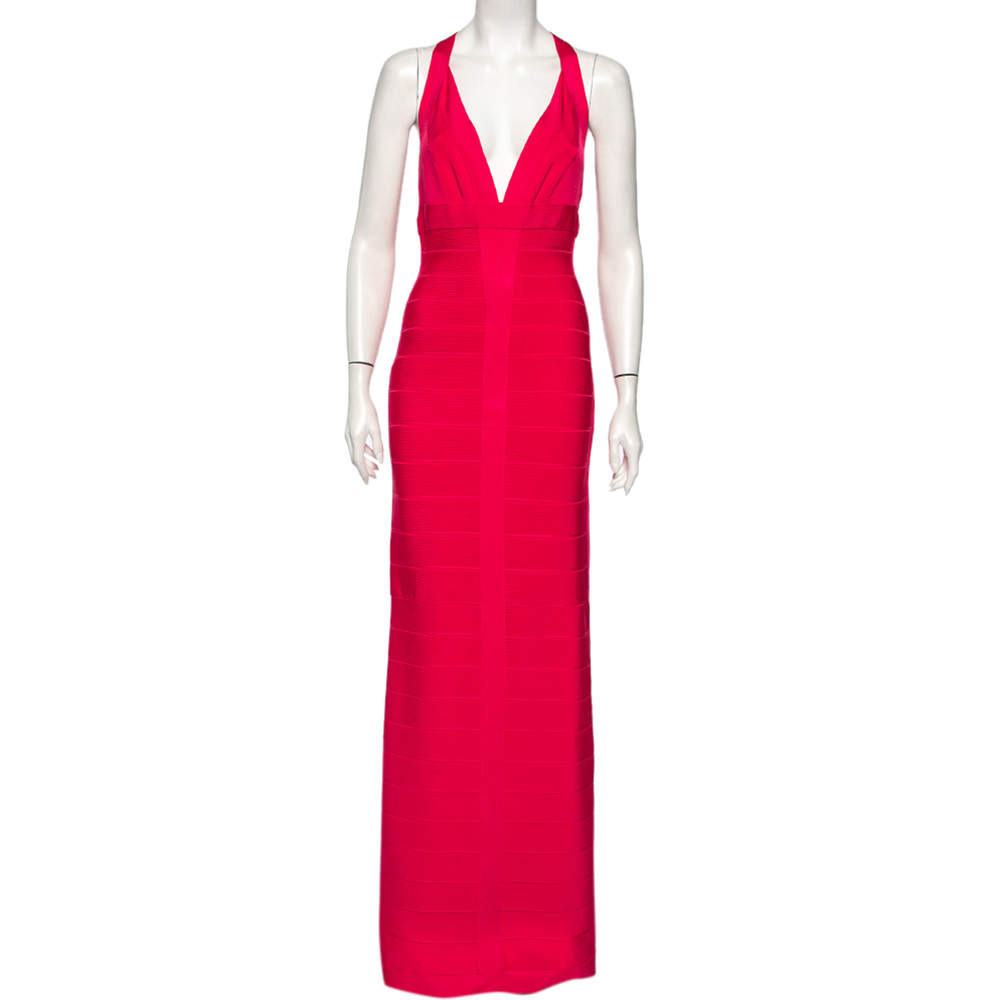 Herve Leger Fuchsia Karen Long Bandage Dress L 
