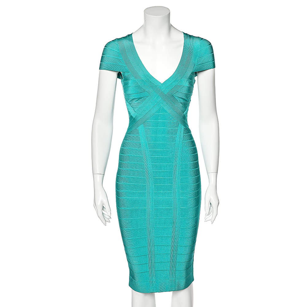 Herve Leger Blue Bandage Cap Sleeve Bodycon Dress S