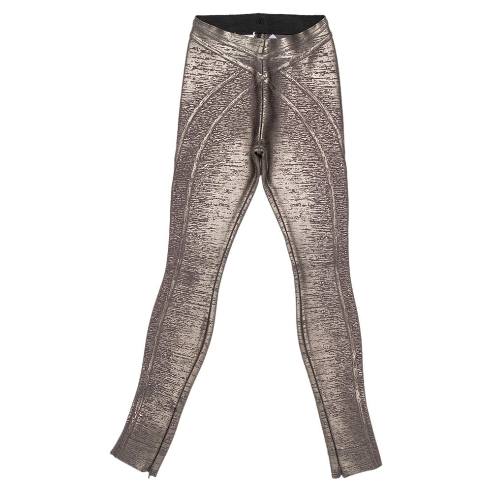 Herve Leger Grey Metallic Foil Coated Pietra Bandage Leggings XS