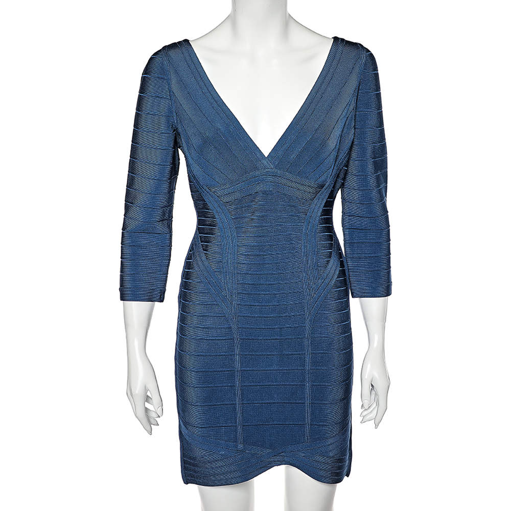 Pre Owned Herve Leger Navy Blue Knit Kahli Bandage Dress L