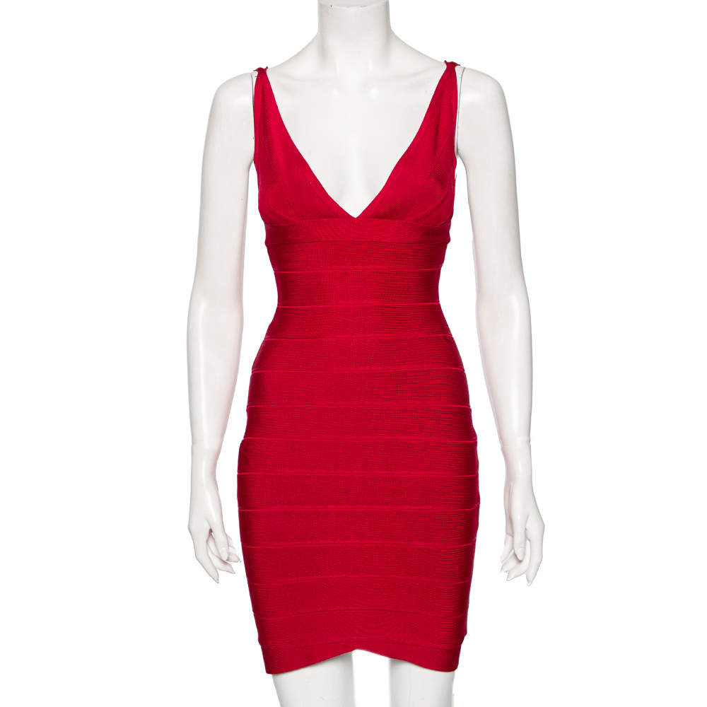 Herve Leger Pink Bandage Plunge Neck Bodycon Dress XS