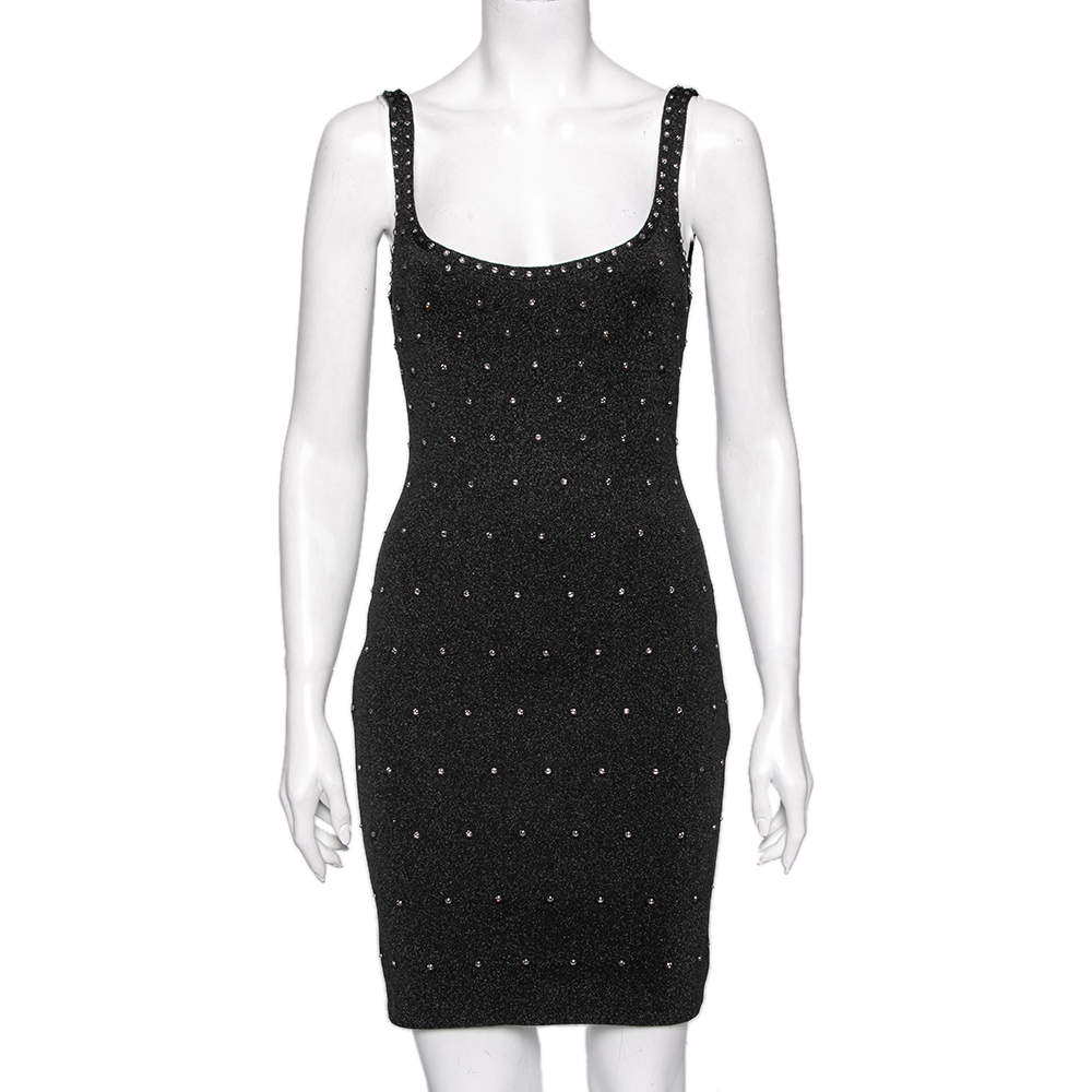 Herve Leger Black Lurex Knit Embellished Fitted Dress S 