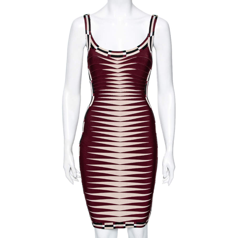 Herve Leger Maroon & Cream Patterned Stretch Knit Karlie Short Dress XS