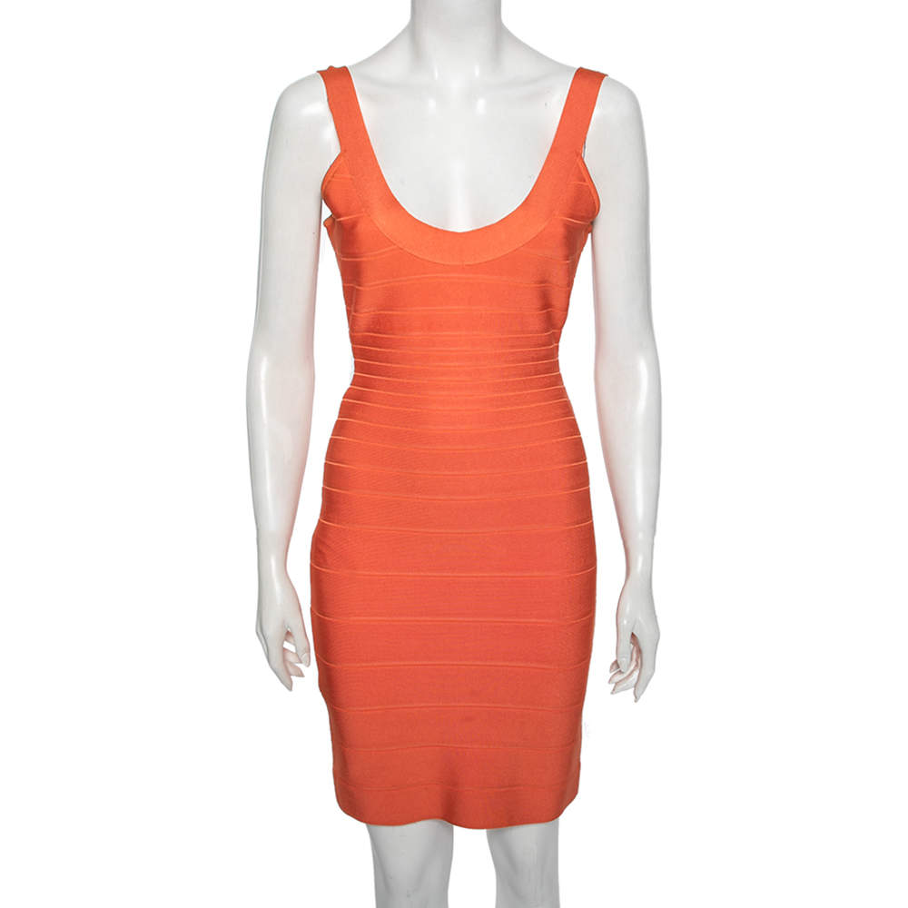 Pre Owned Herve Leger Orange Bandage Sleeveless Bodycon Dress S