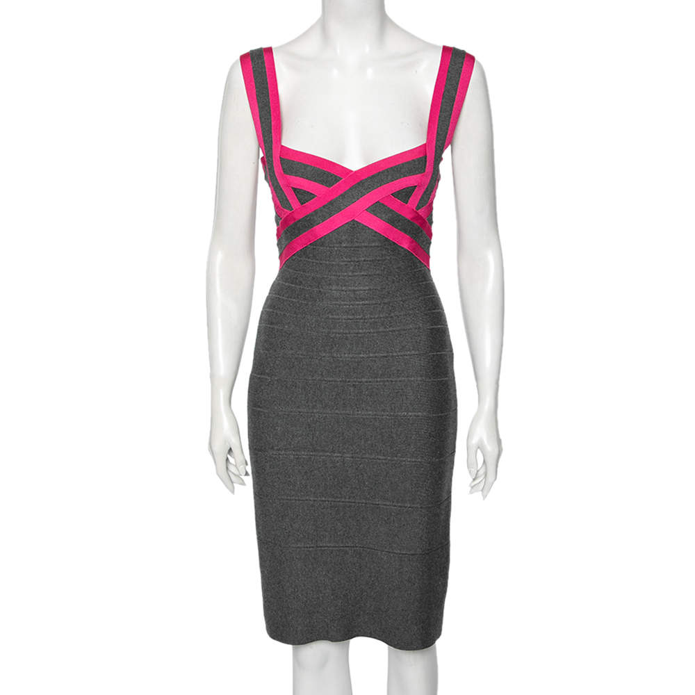 Pre Owned Herve Leger Grey and Pink Bandage Sleeveless Bodycon Dress M