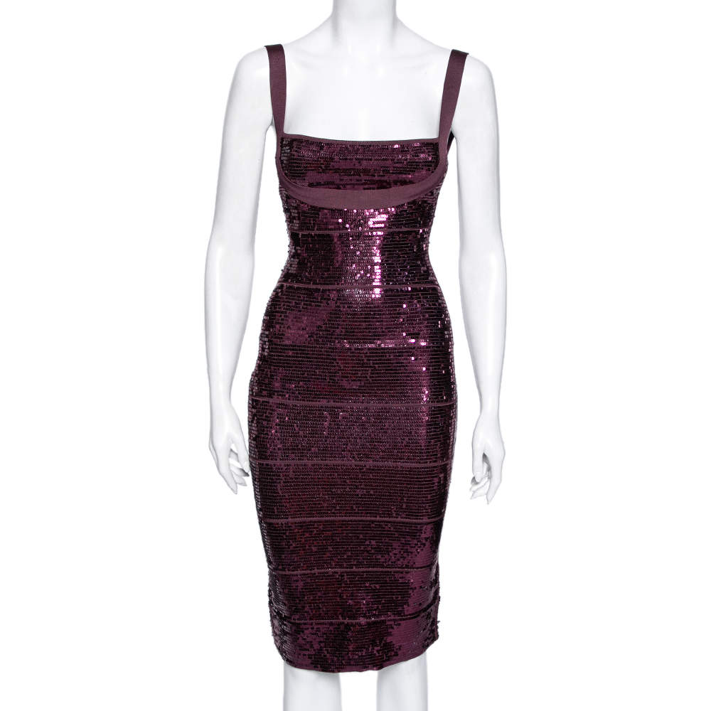 Herve Leger Purple Sequin Embellished Bandage Sleeveless Bodycon Dress S