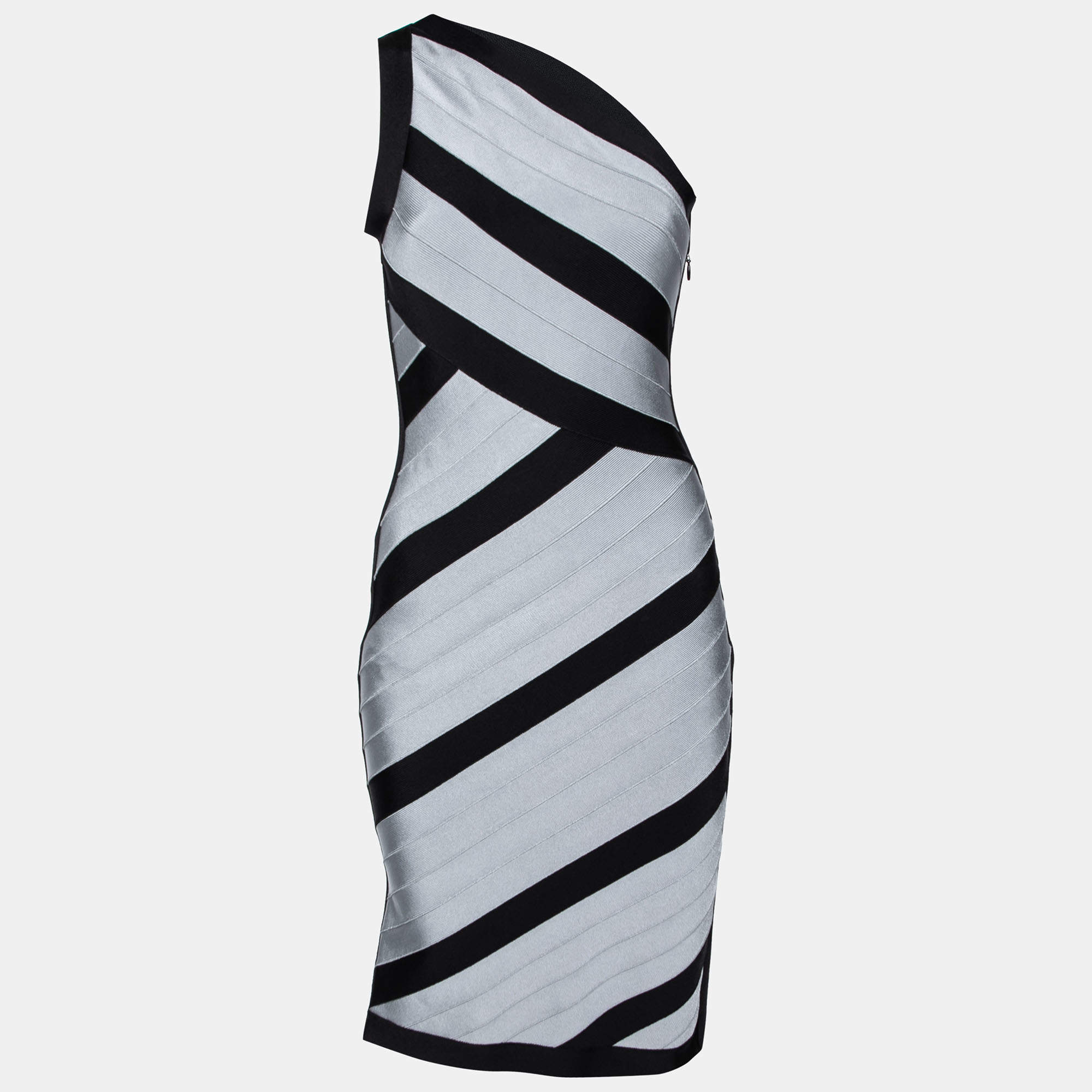 Pre Owned فستان بوديكون هيرفي ليجي بكتف واحد بانداج أسود ورصاصي مقاس وسط ( ميديوم )