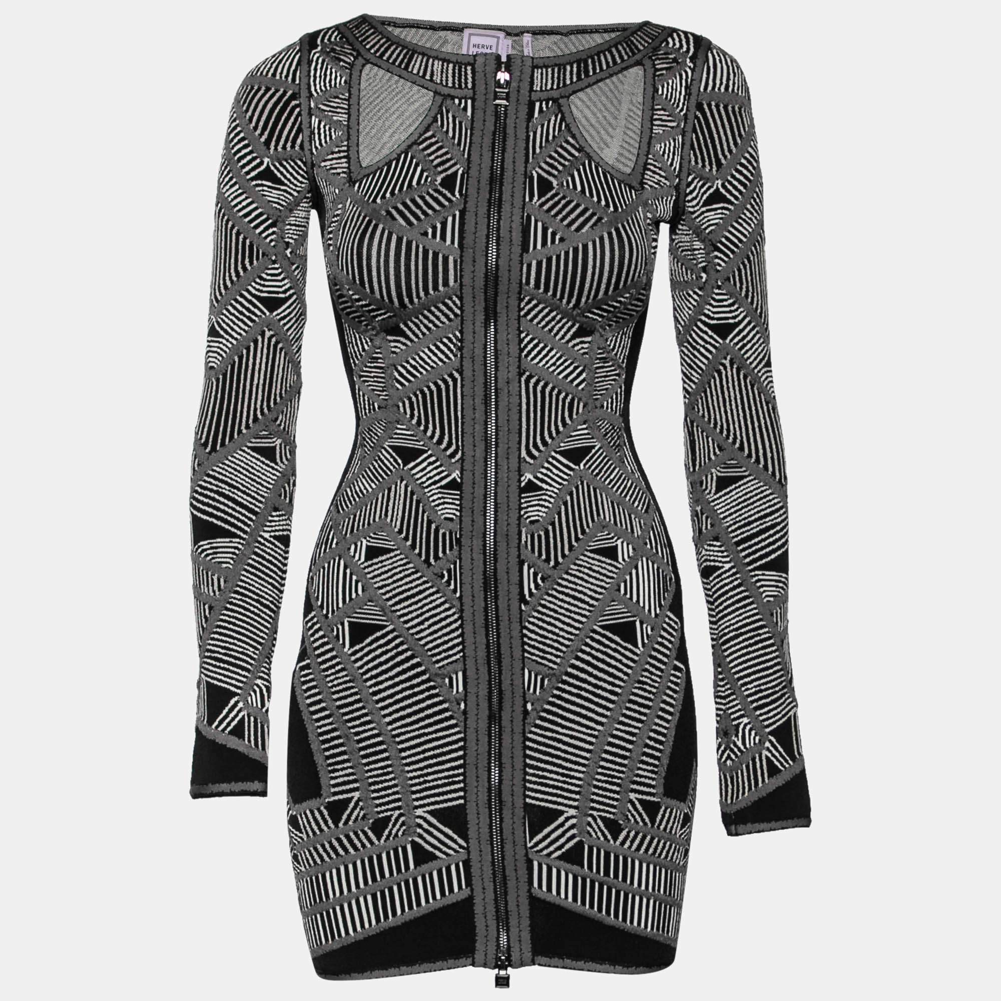 Pre Owned Herve Leger Monochrome Jacquard Knit Axelle Bodycon Dress XS