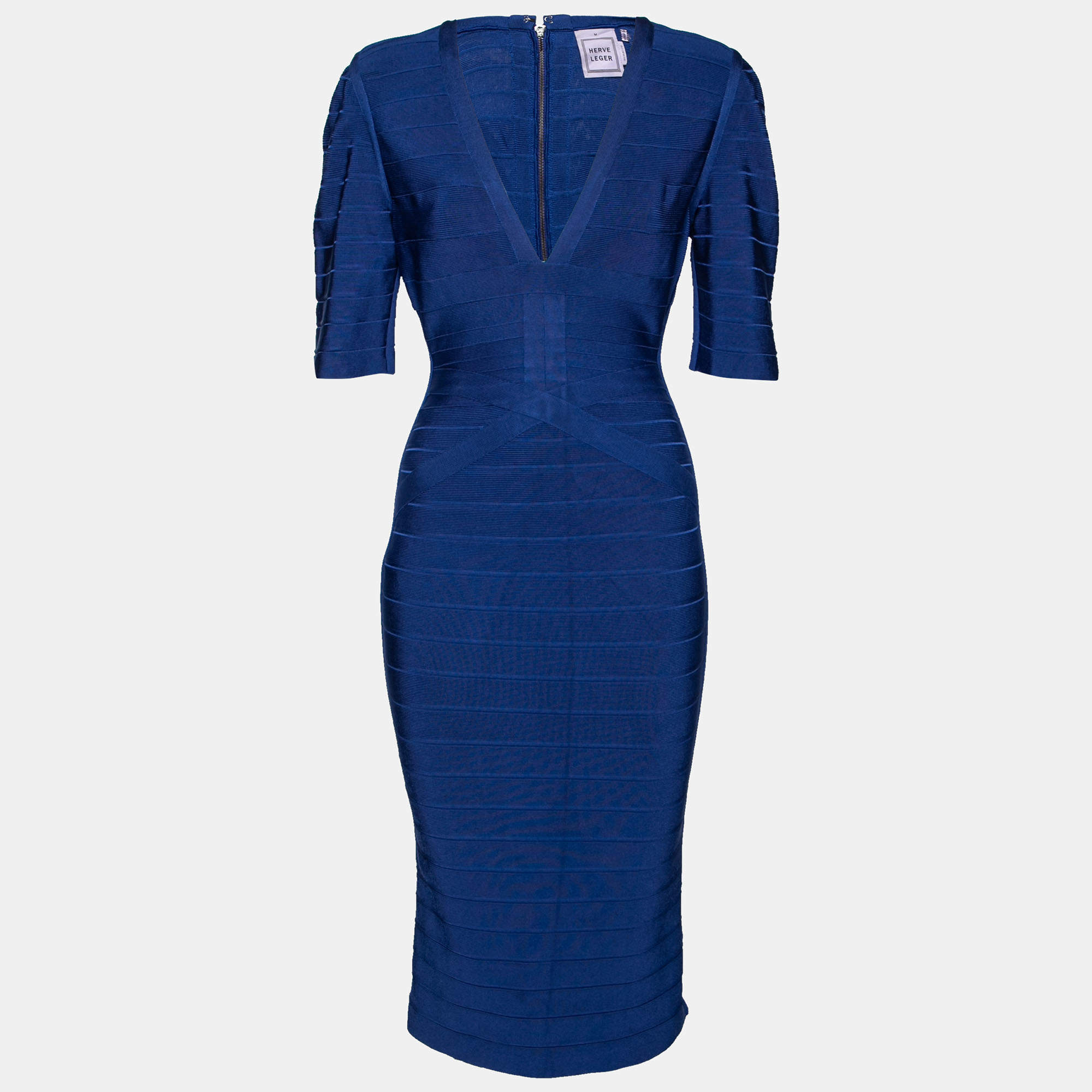 Pre Owned Herve Leger Royal Blue Bandage Bodycon Dress M