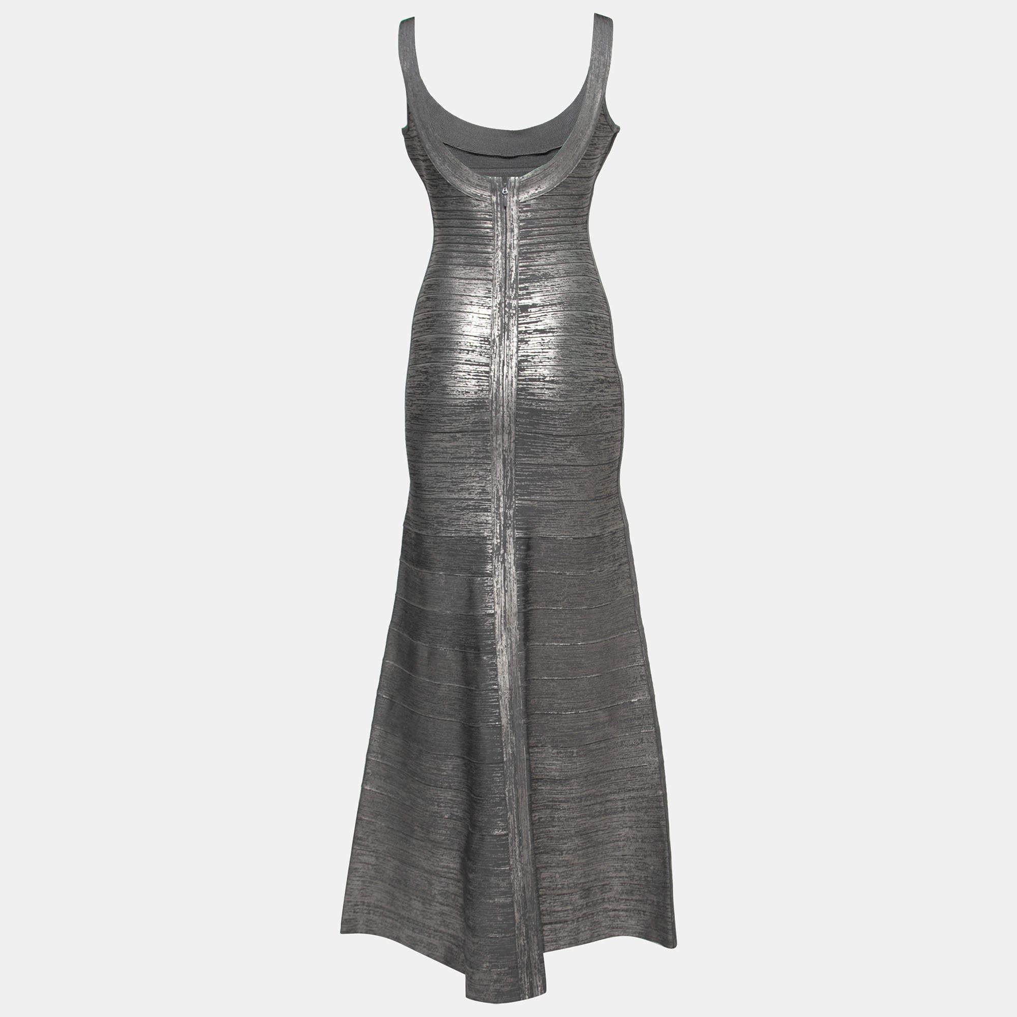 Herve Leger Metallic Grey Bandage Flared Maxi Dress M Herve