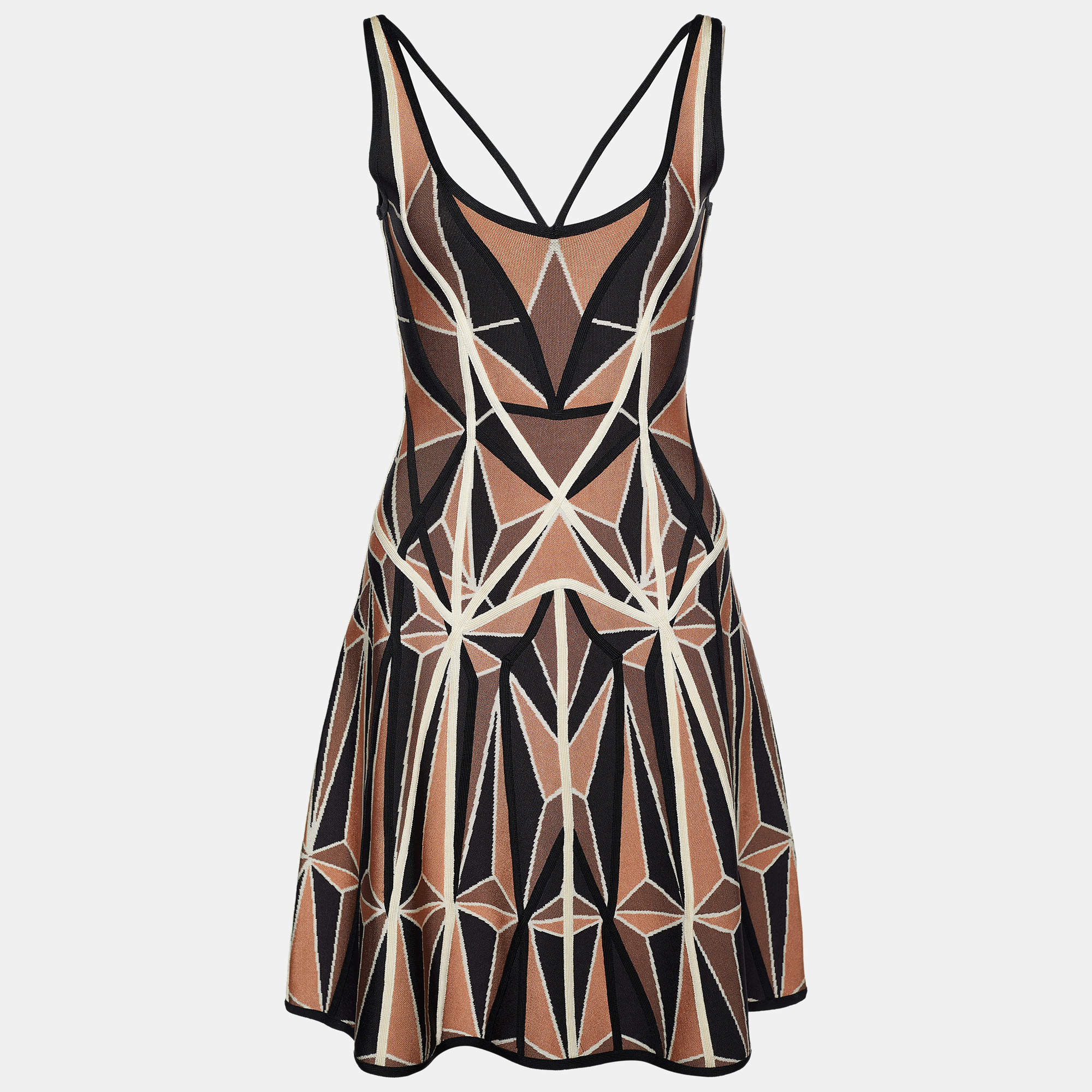 Herve Leger Brown Geometric Patchwork Jacquard Knit Hazel Mini Dress S