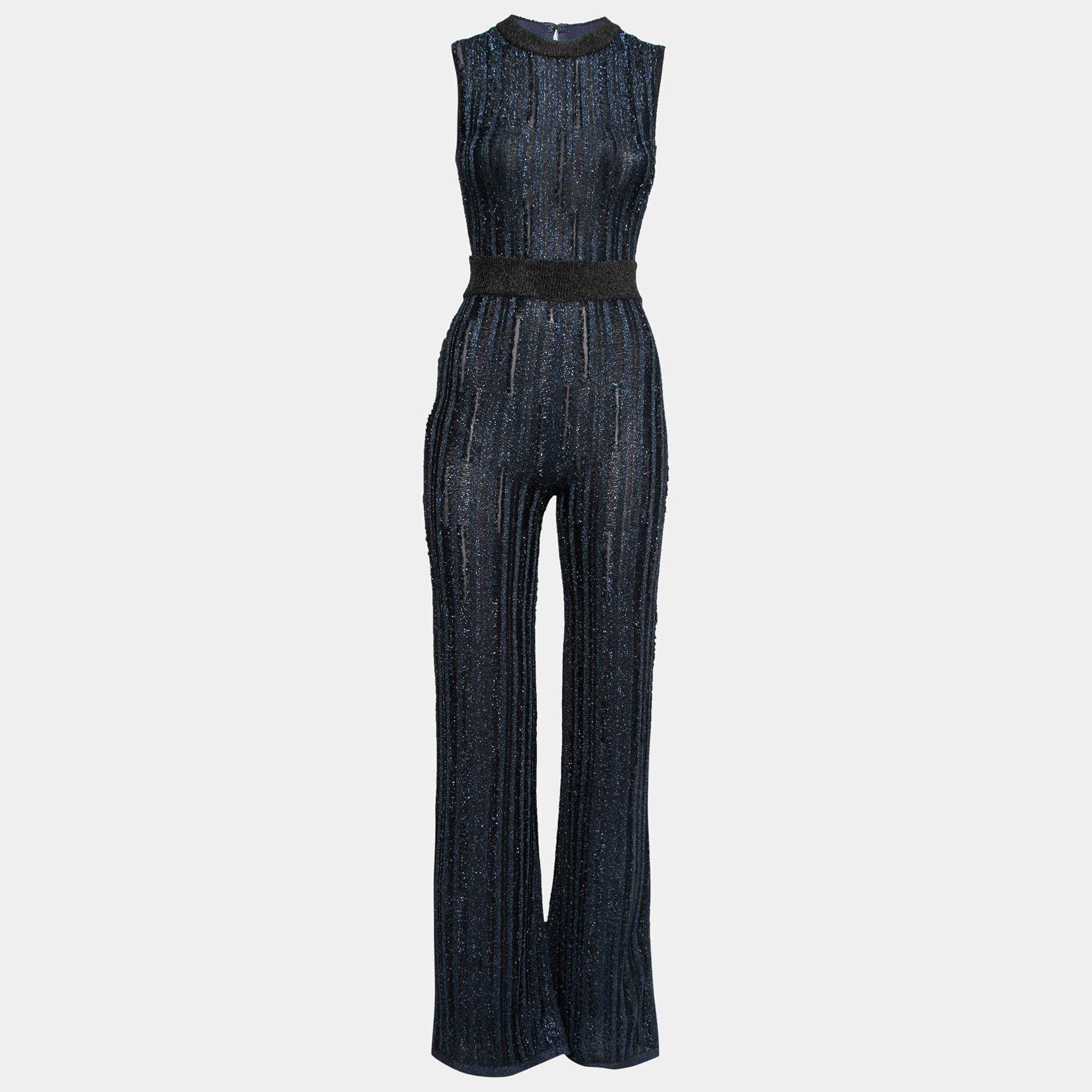 Herve Leger Metallic Blue & Black Stretch Knit Frayed Ribbed Detail Jumpsuit M