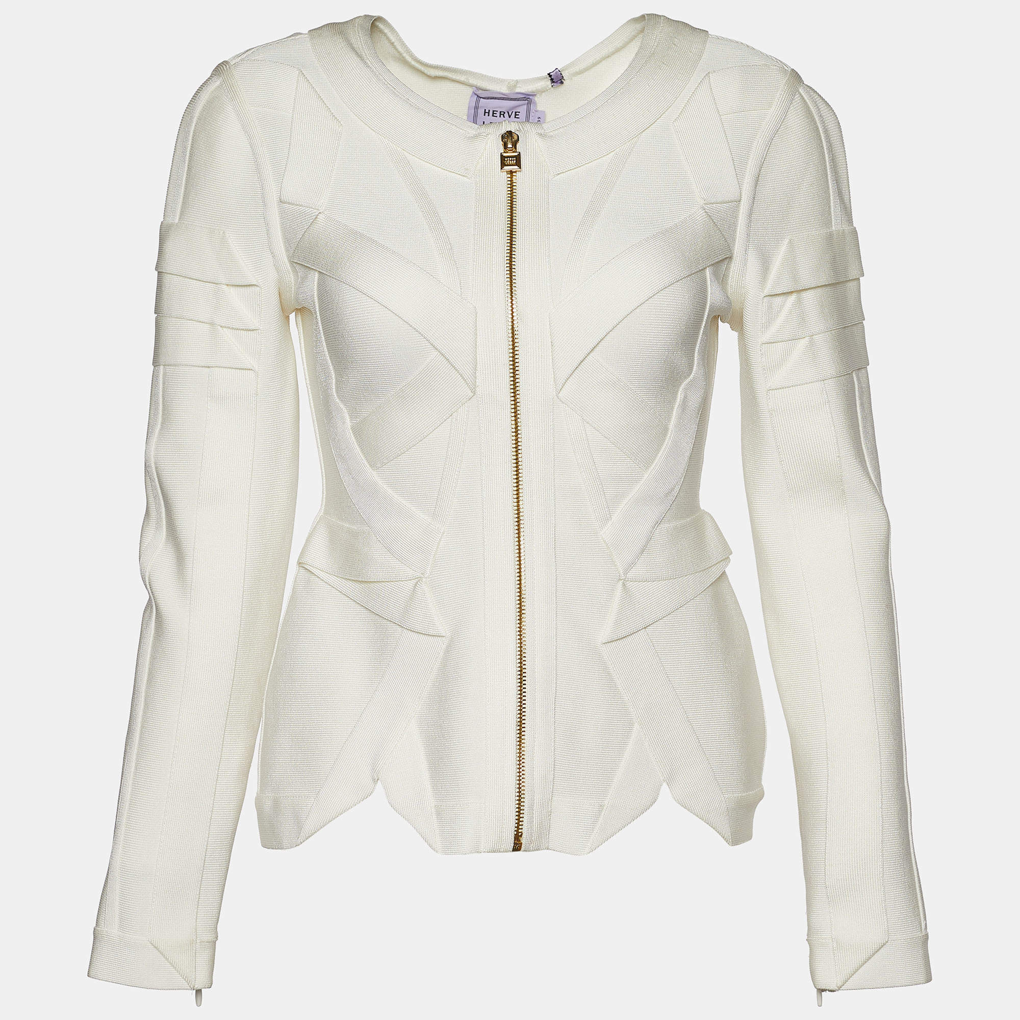 Pre Owned Herve Leger Alabaster Knit Origami Fold Detail Viktoria Zip Up Jacket S