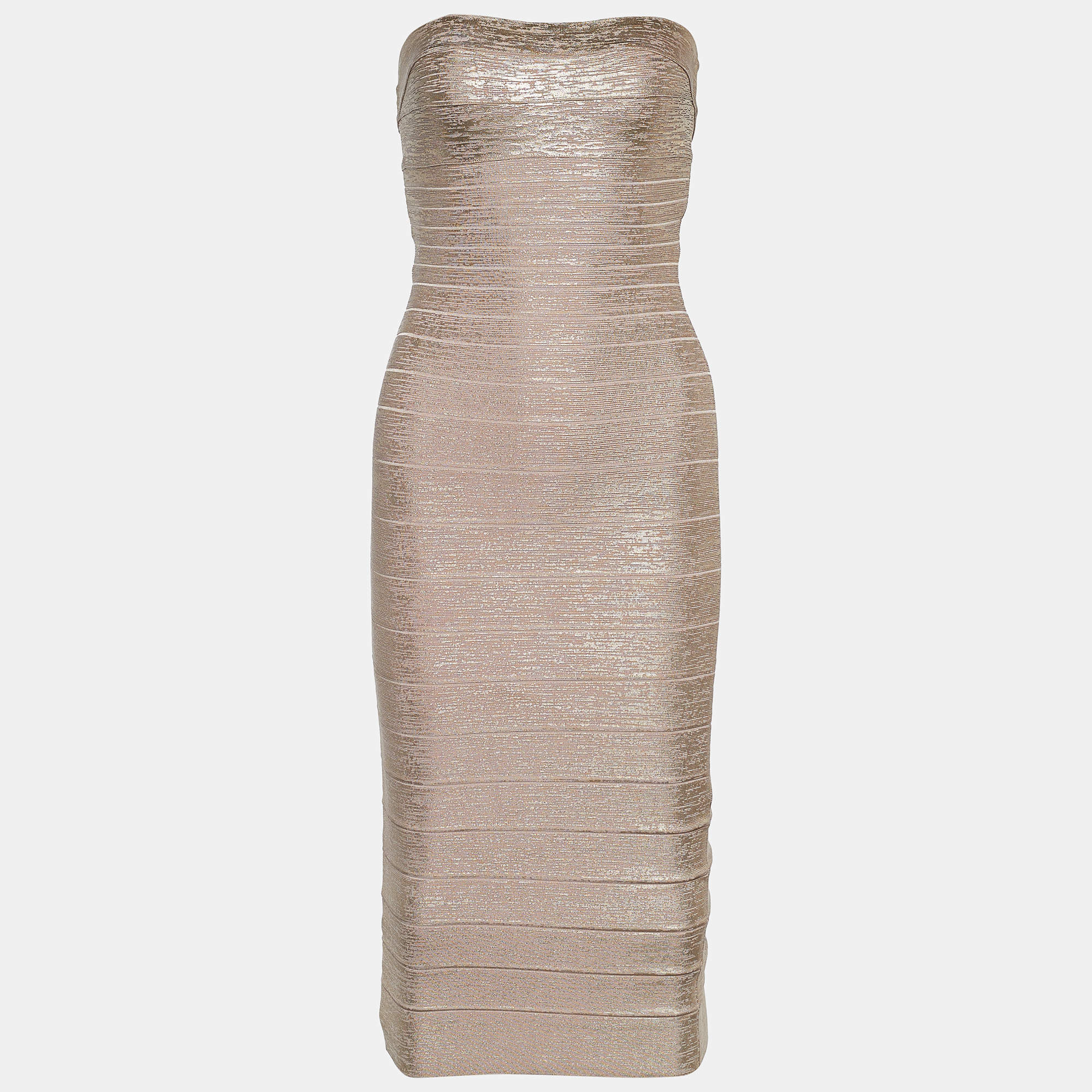 Pre Owned Herve Leger Rose Gold Foil Print Knit Sianna Strapless Dress S