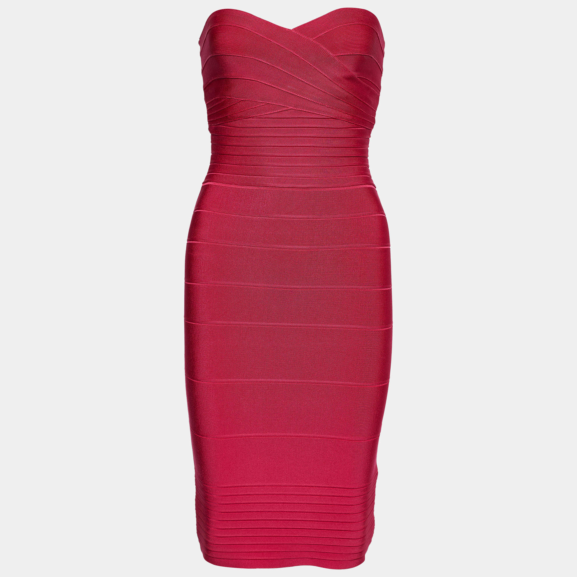 Pre Owned Herve Leger Pink Synthetic Strapless Bodycon Mini Dress XXS