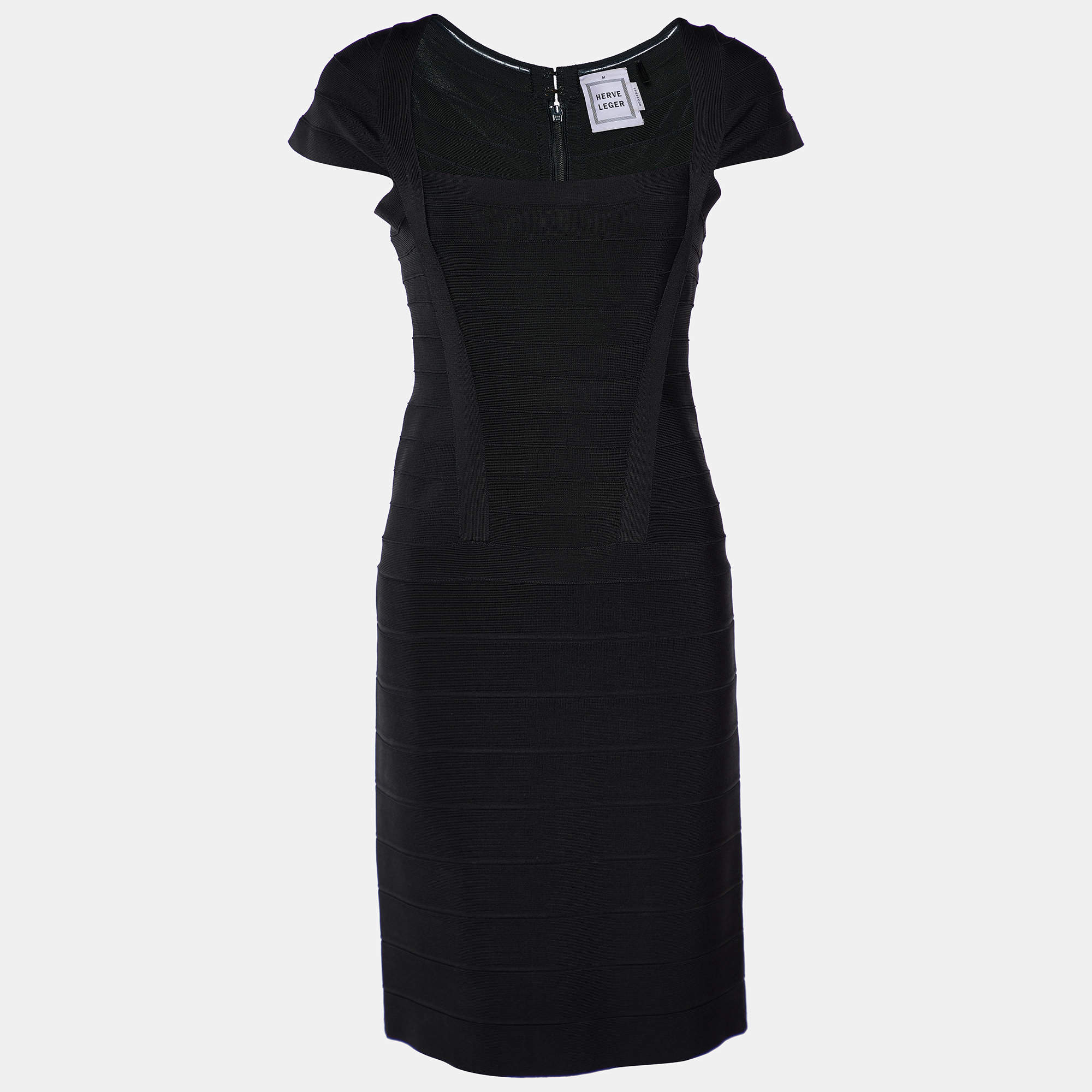 Pre Owned Herve Leger Black Cap Sleeve Bandage Mini Dress M