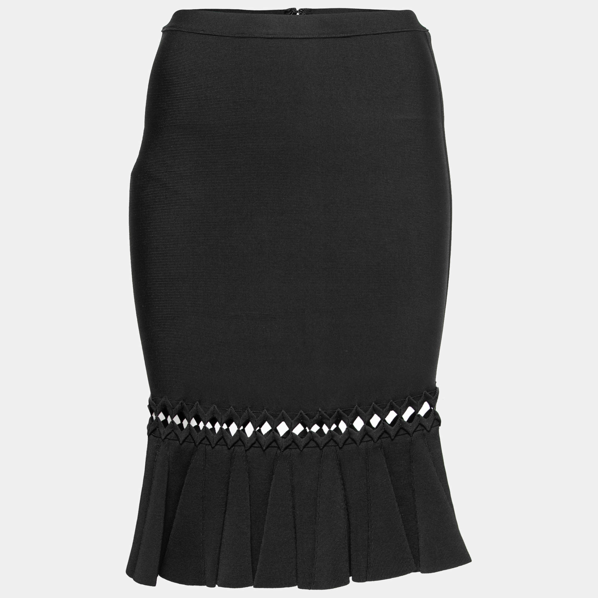 Pre Owned Herve Leger Black Stretch Knit Peplum Pencil Skirt M