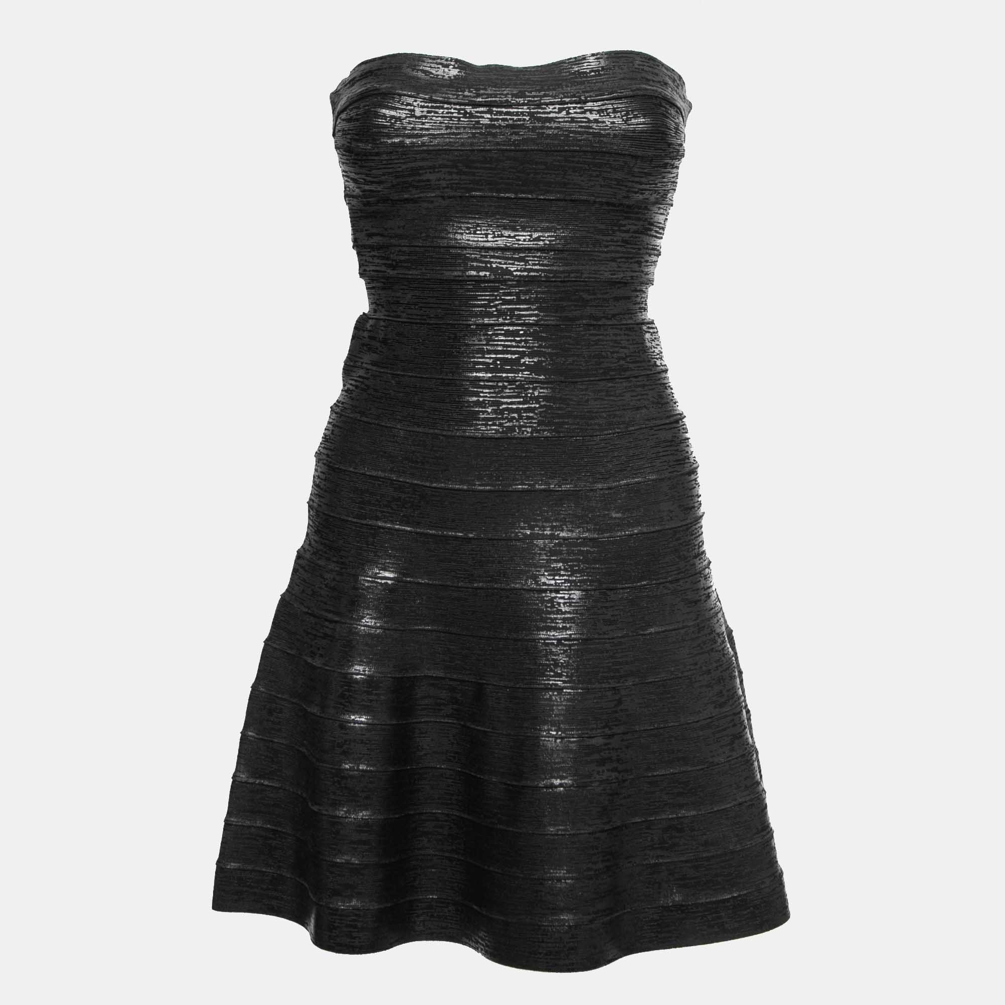 مملوكة مسبقًا Herve Leger Black Textured Knit Strapless Bandage Mini Dress XS