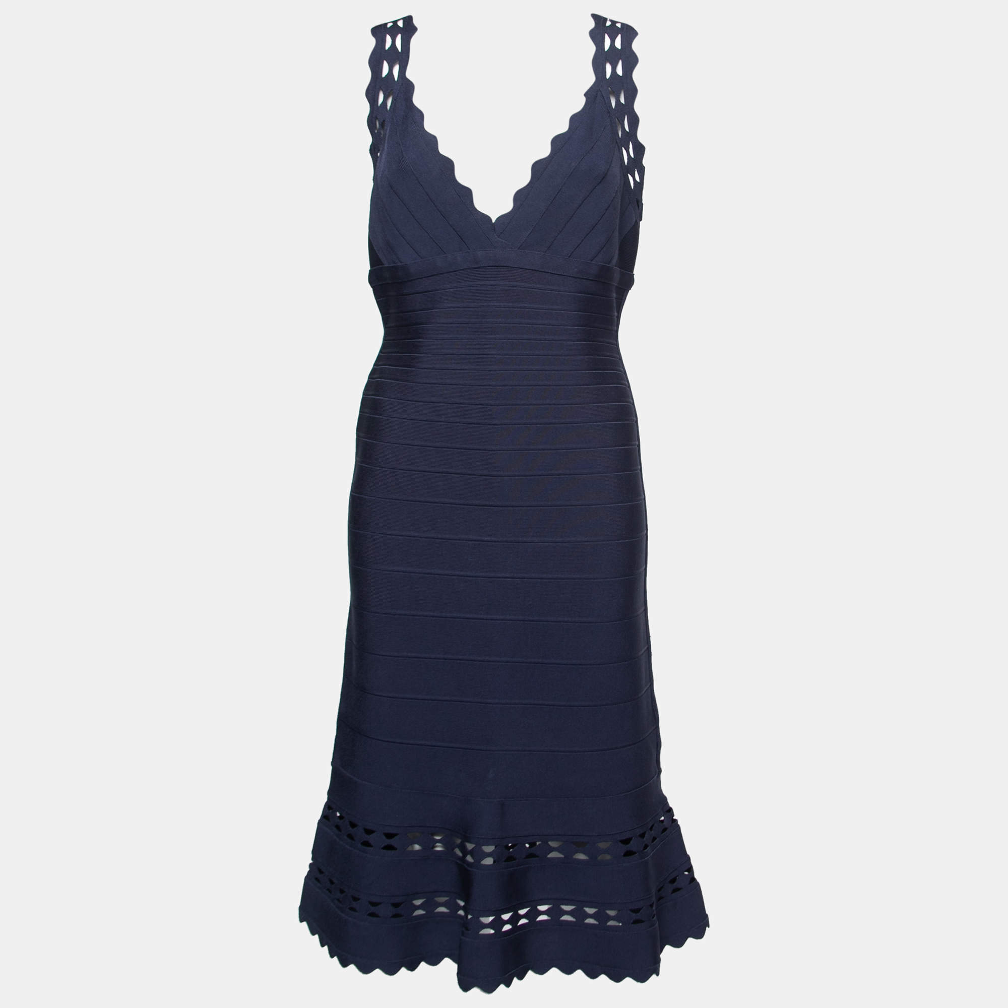 Herve Leger Dark Blue Bandage Knit Midi Dress L