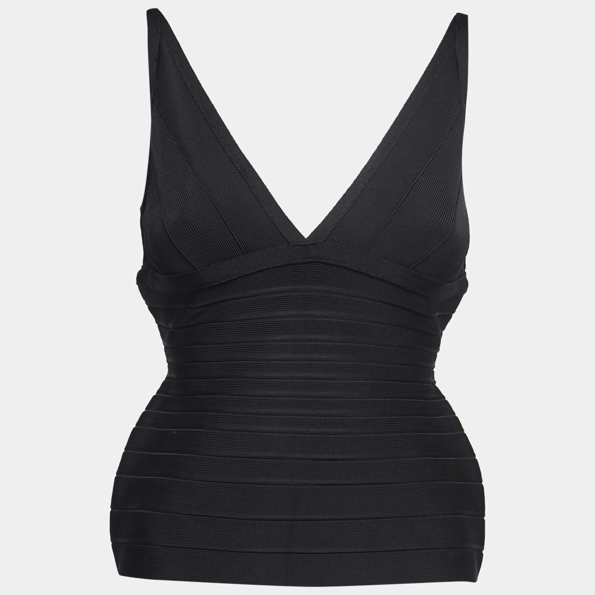 Herve Leger Black Knit V-Neck Sleeveless Top M