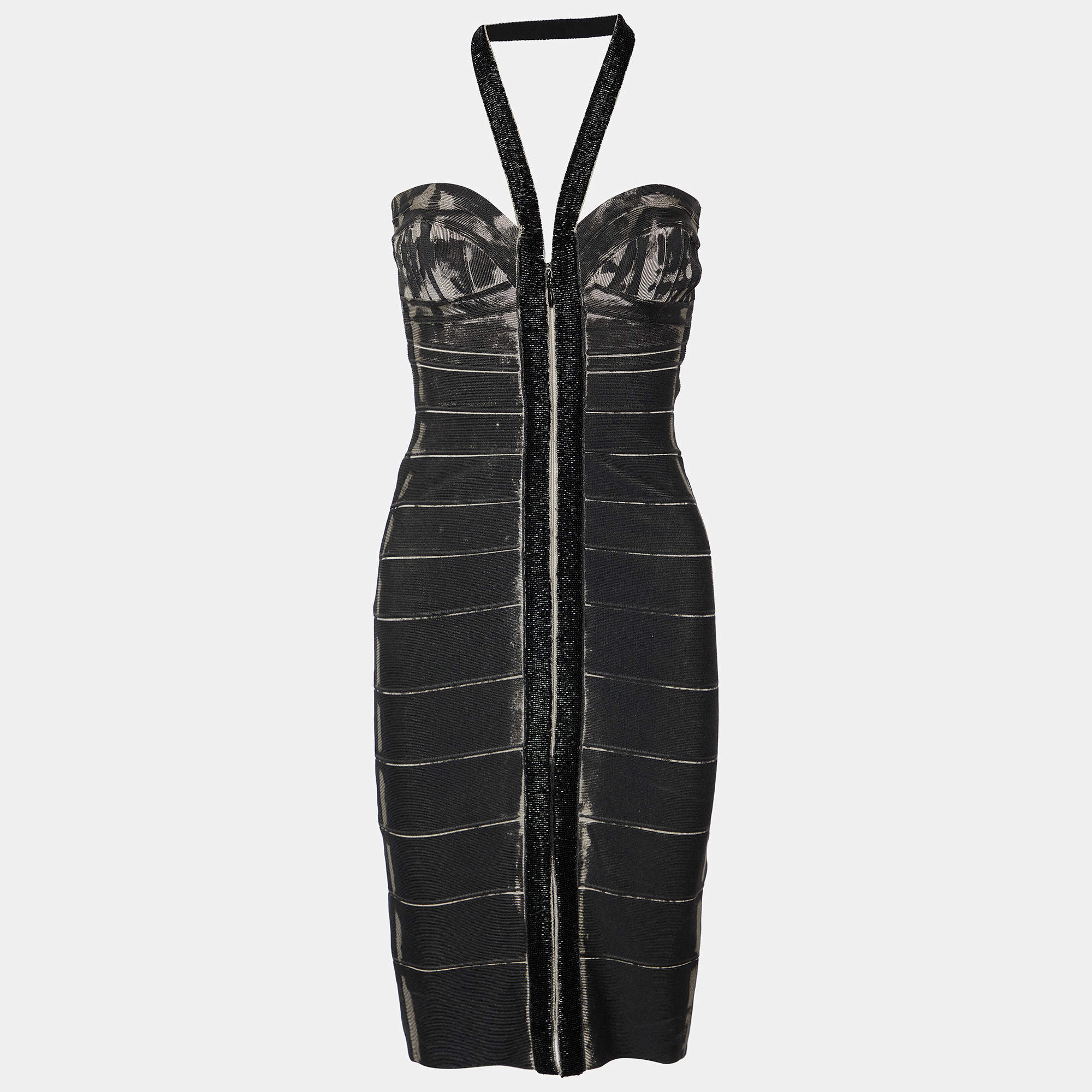 【関税込み】Herve Leger ブラック Bustier ミニドレス Herve Leger Black Beaded Halter Neck Mini Dress S Herve
