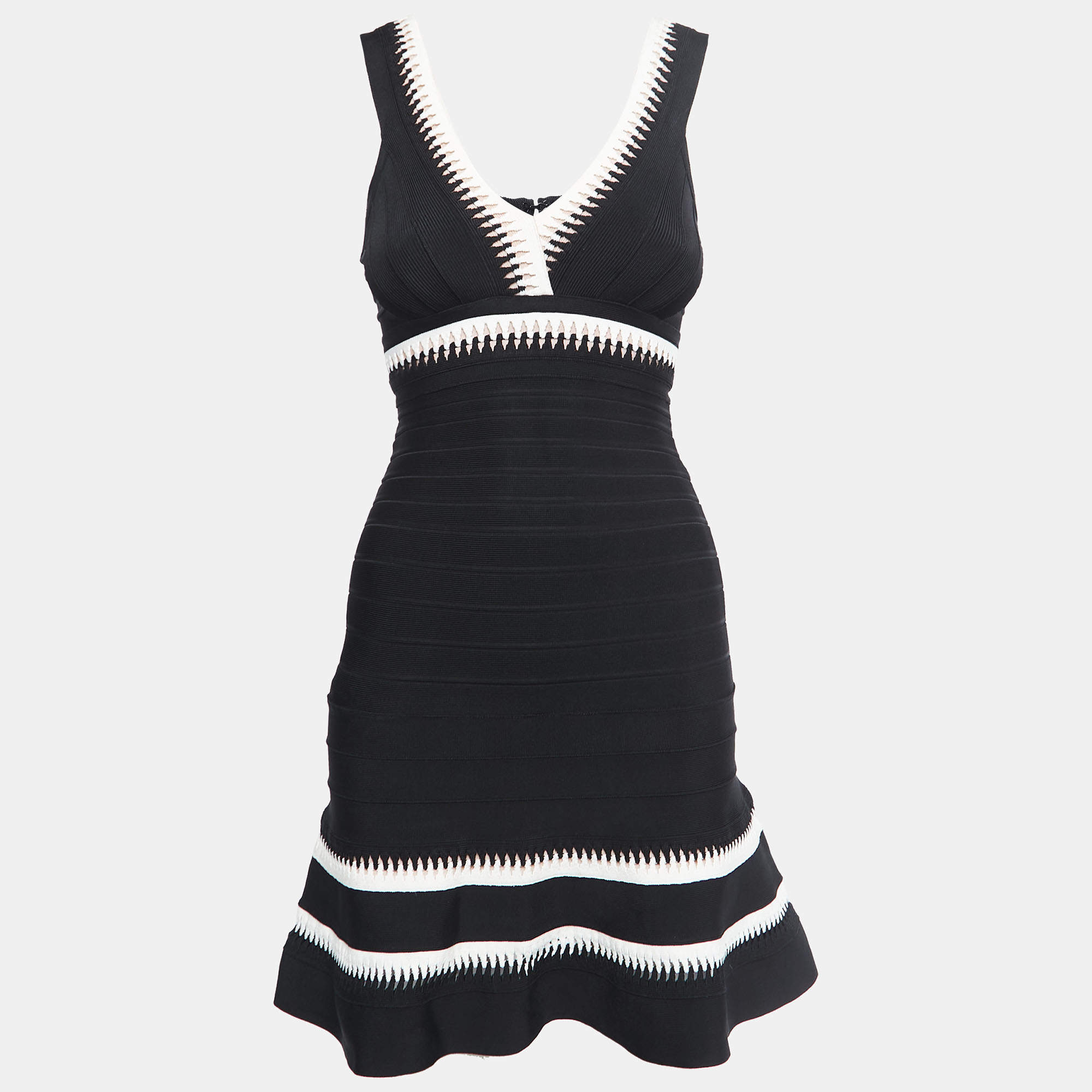 Herve Leger Black Knit Flared Sleeveless Bandage Dress XS