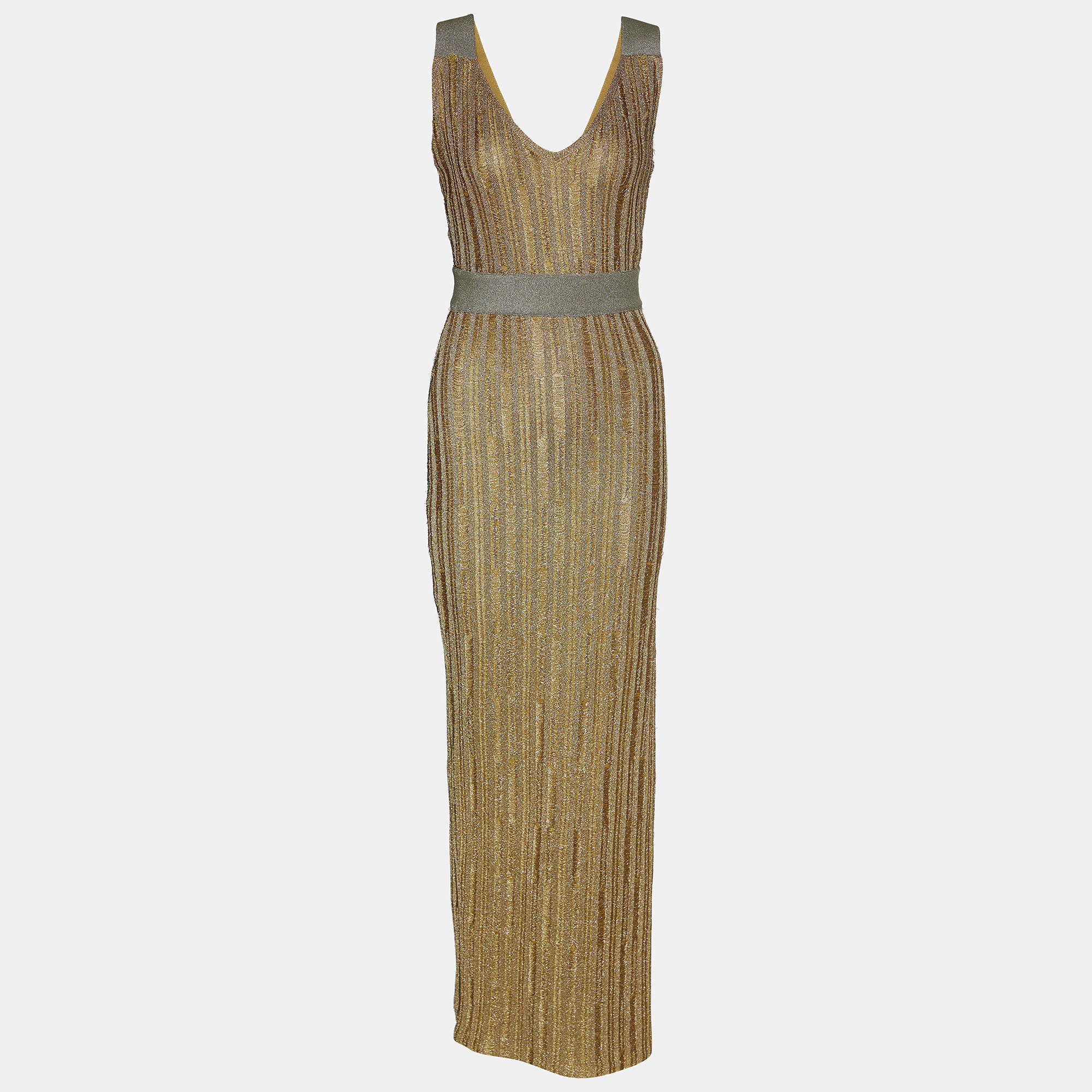 Herve Leger Gold Textured Lurex Knit Sleeveless Gown S