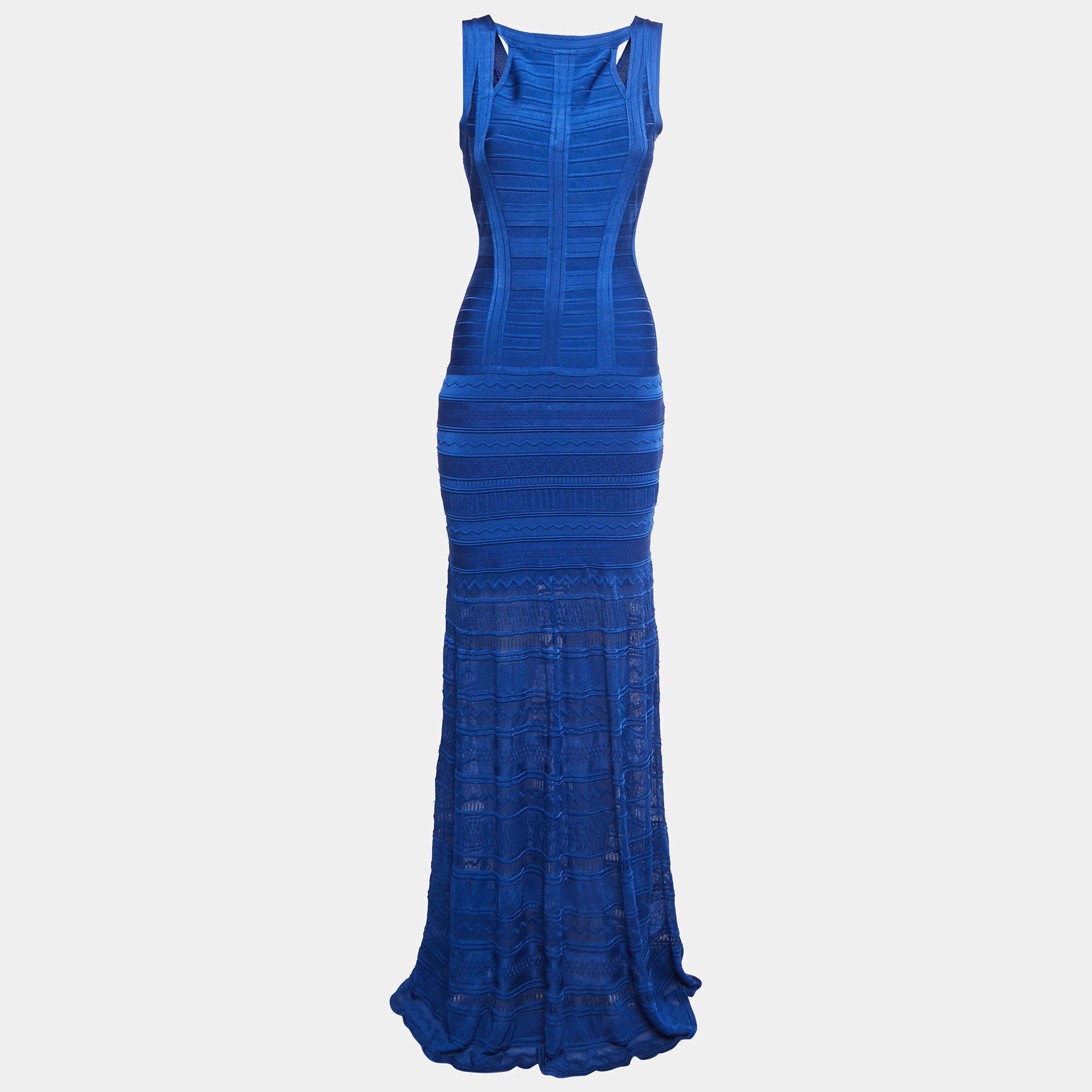 Herve Leger By Max Azria Dark Blue Knit Sleeveless Fit & Flare Maxi Dress S