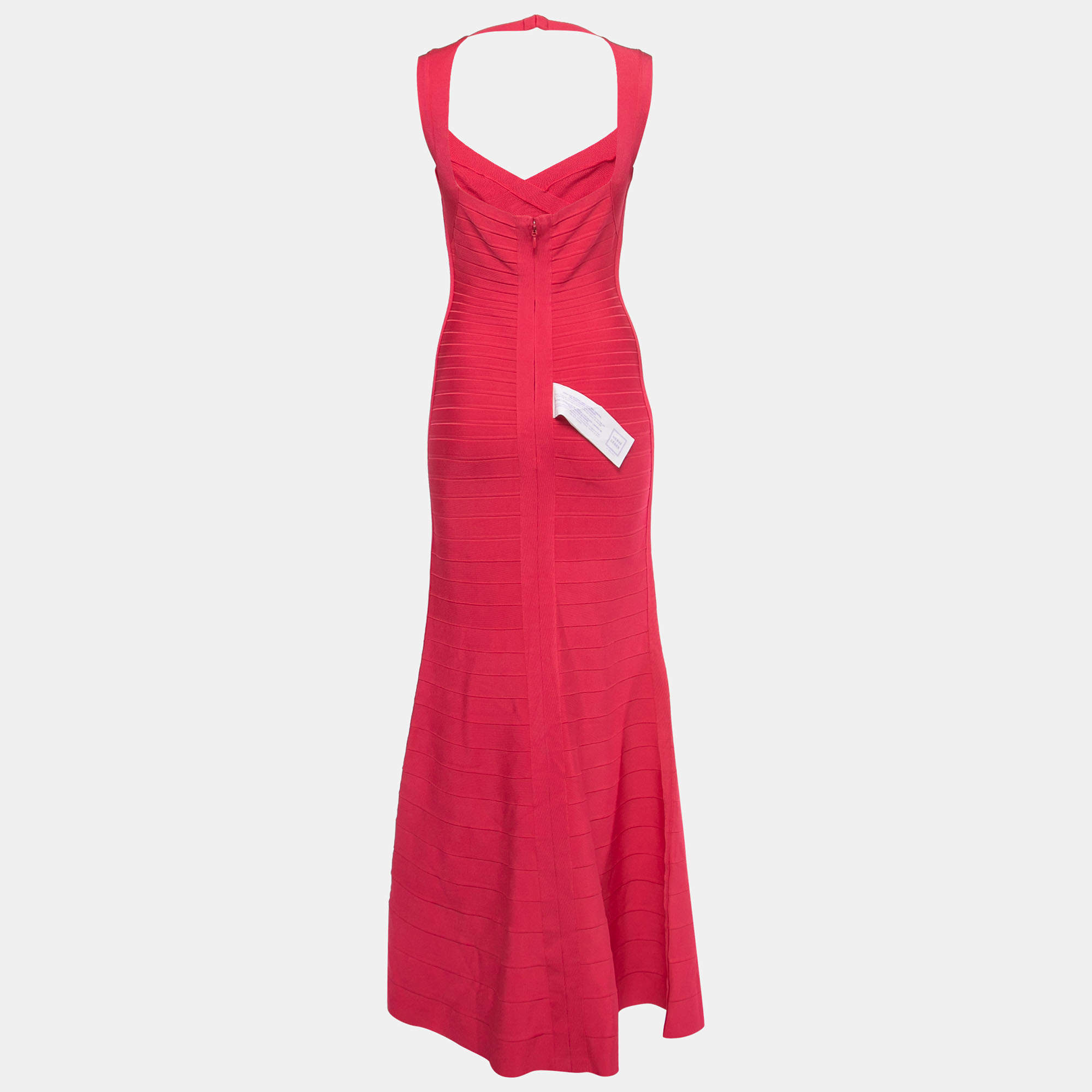 Pre Owned Herve Leger Pink Knit Sleeveless Fit & Flare Gown M