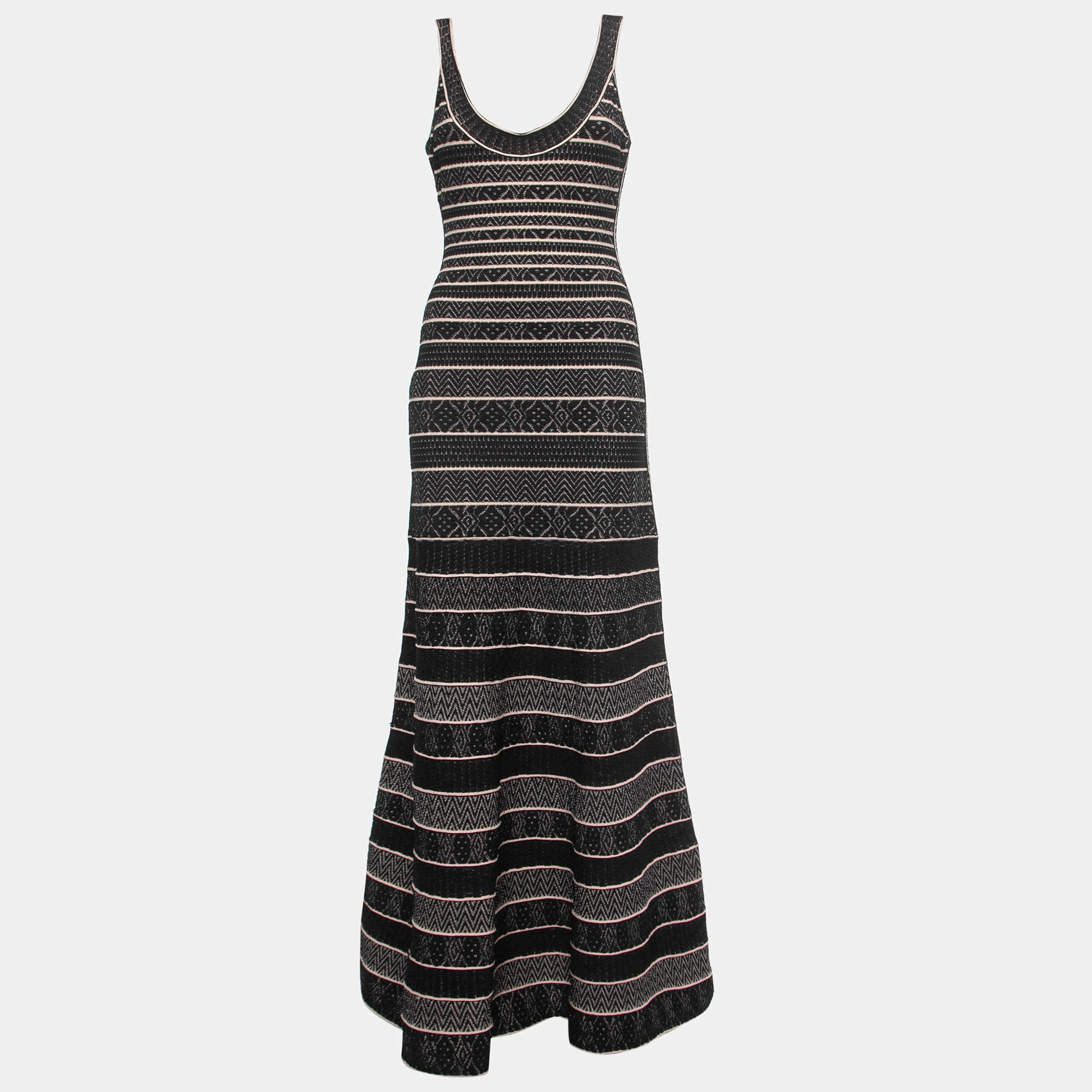 Herve Leger Black Patterned Knit Sleeveless Fit & Flare Gown L