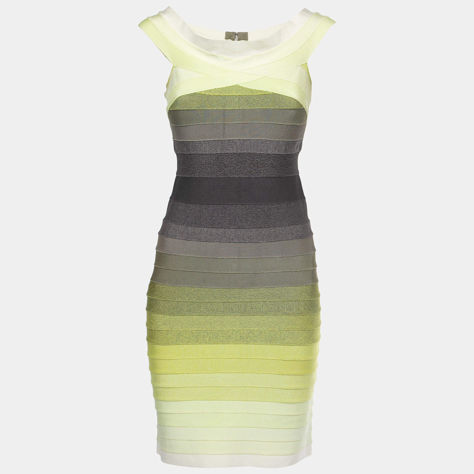 Herve Leger Green/Grey Knit Off-Shoulder Mini Dress M