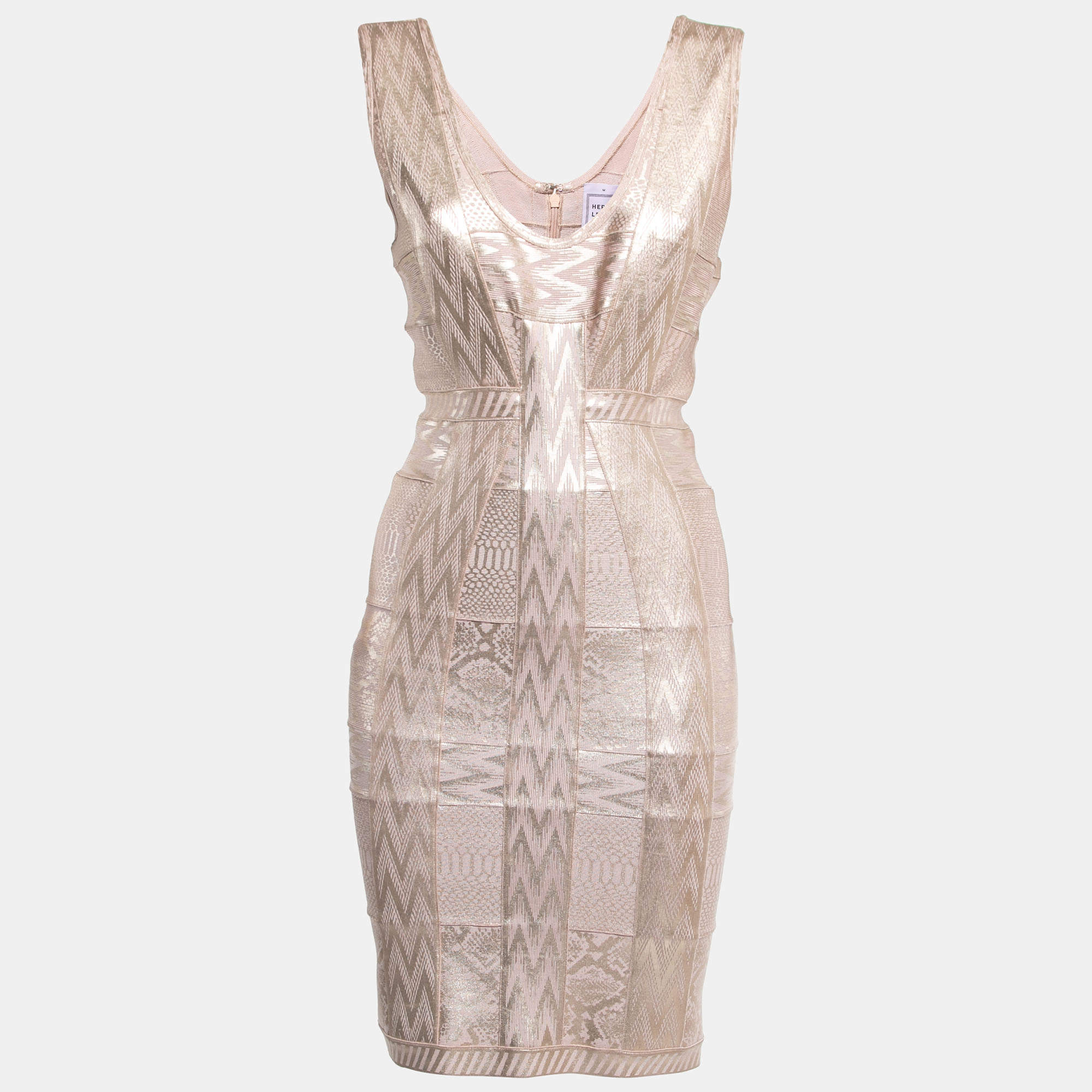 Pre Owned Herve Leger Pink/Gold Bandage Knit Bodycon Dress M