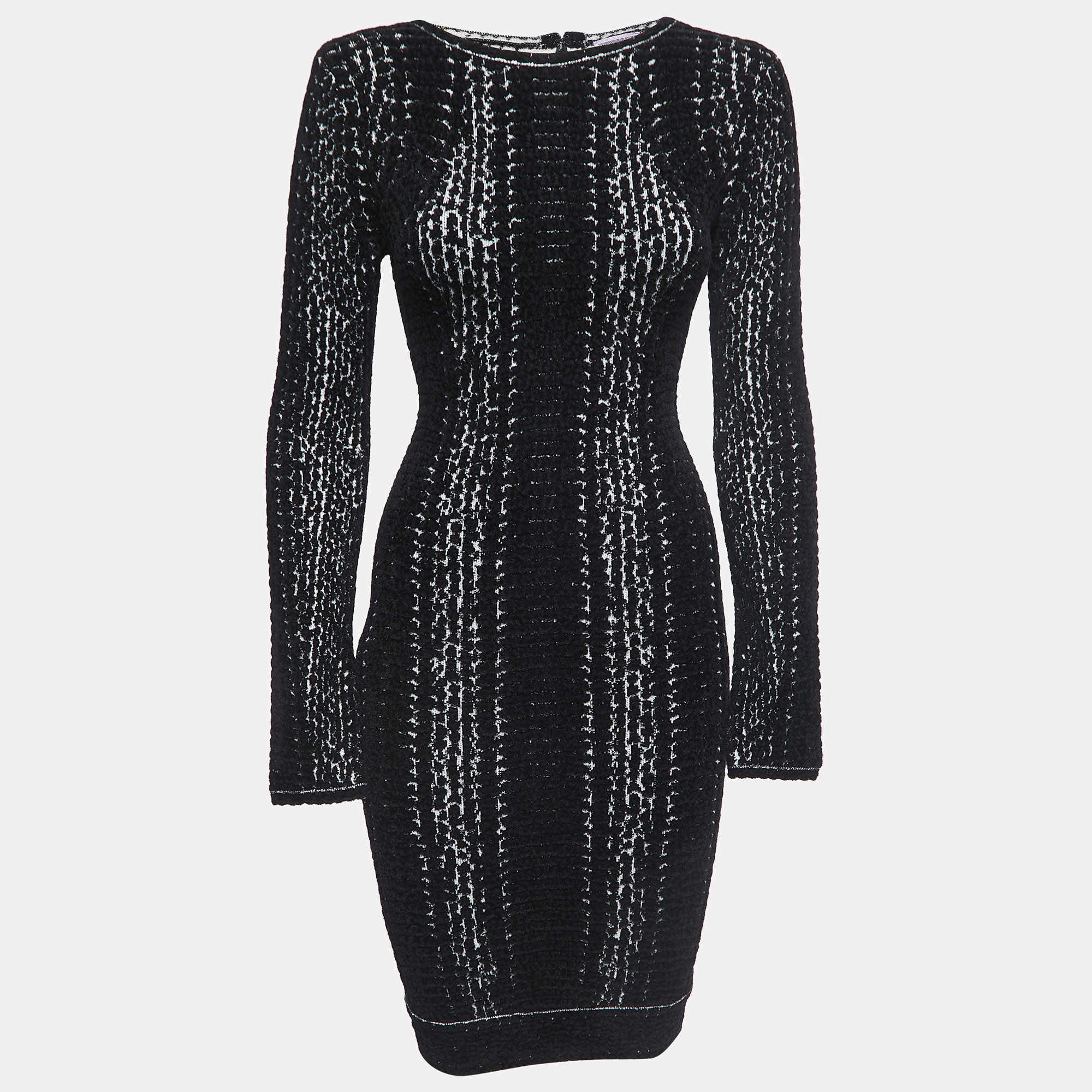 مملوكة مسبقًا Herve Leger Black Velour Long Sleeve Sheath Dress XS