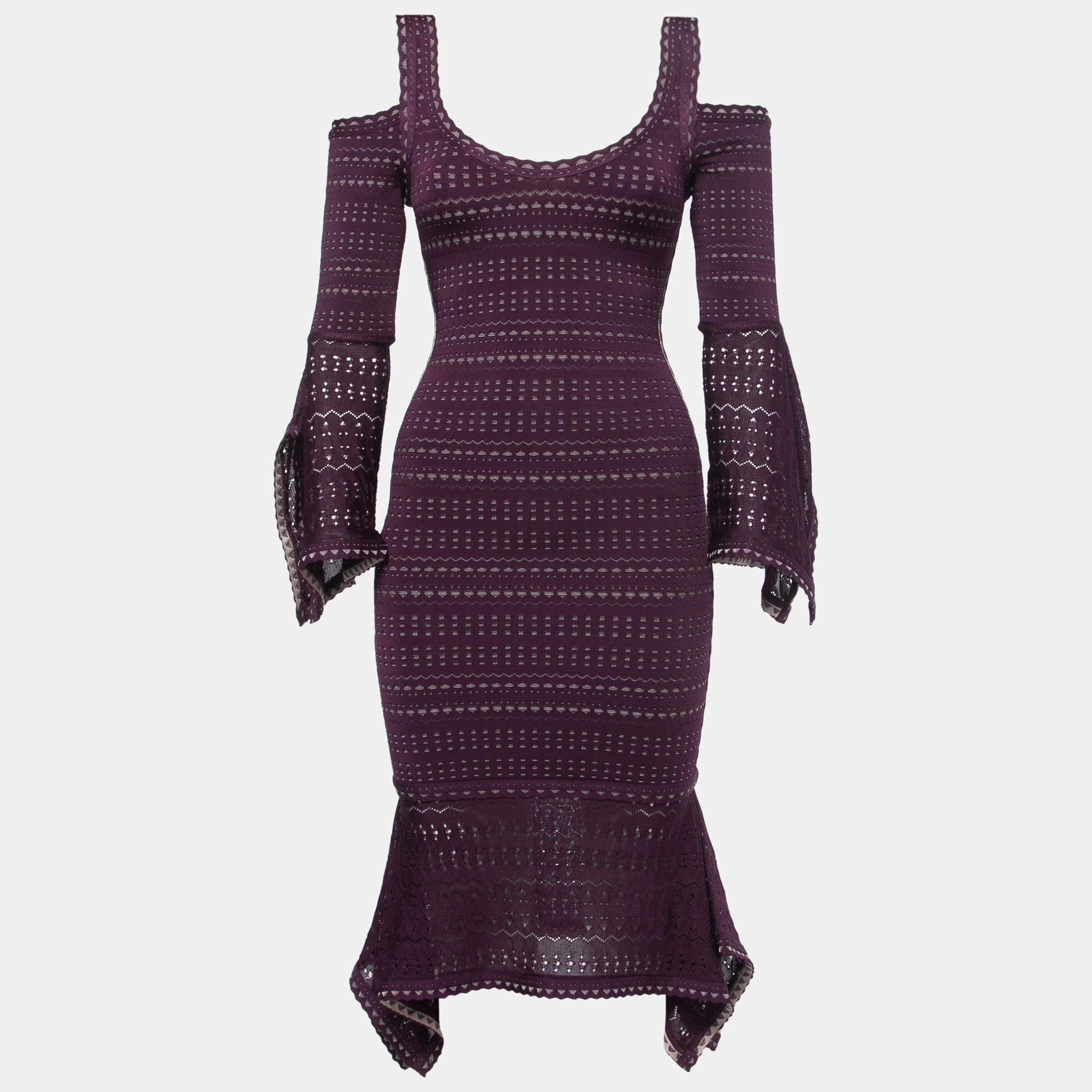 Pre Owned Herve Leger Purple Perforated Knit Cold Shoulder Bodycon Dress XXS