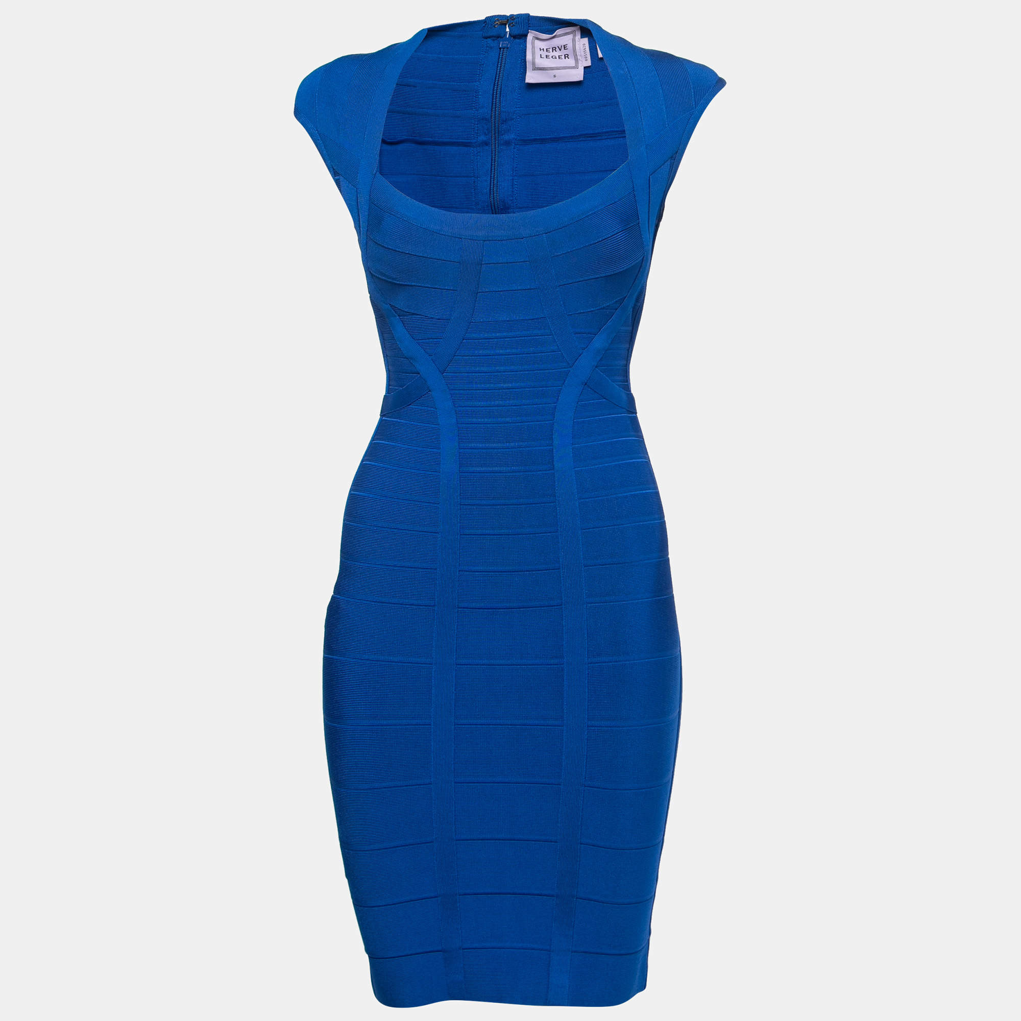 Pre Owned Herve Leger Blue Bandage Knit Cap Sleeve Bodycon Dress S