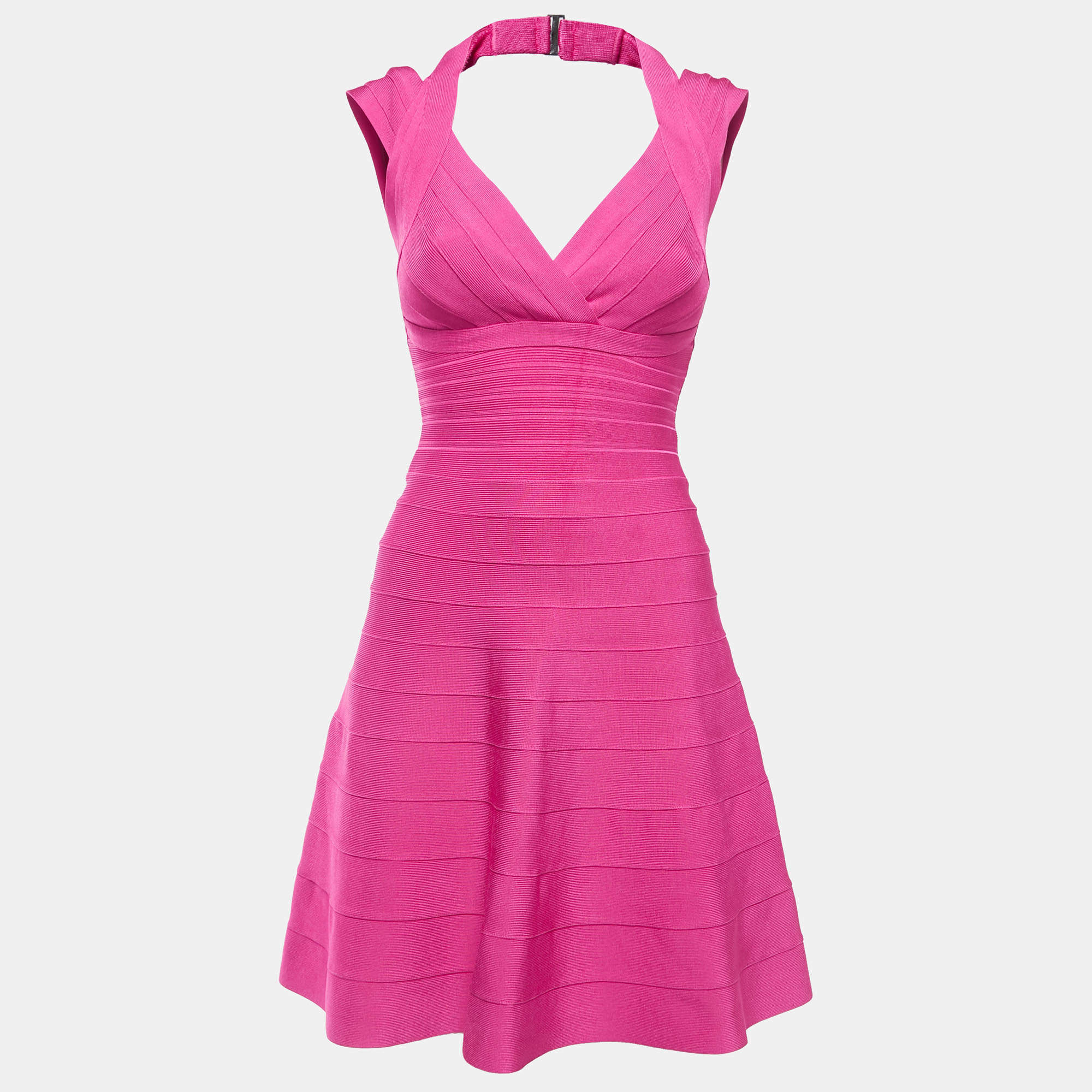 Pre Owned Herve Leger Pink Bandage Knit Rebekka Dress S