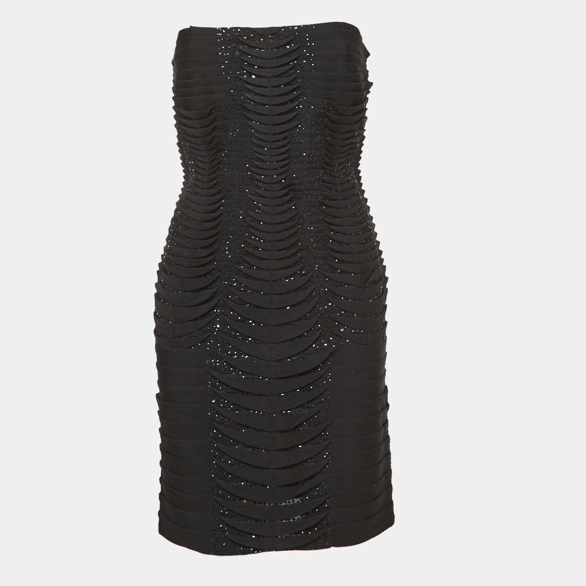 Herve Leger Black Sequined Knit Strapless Mini Dress L