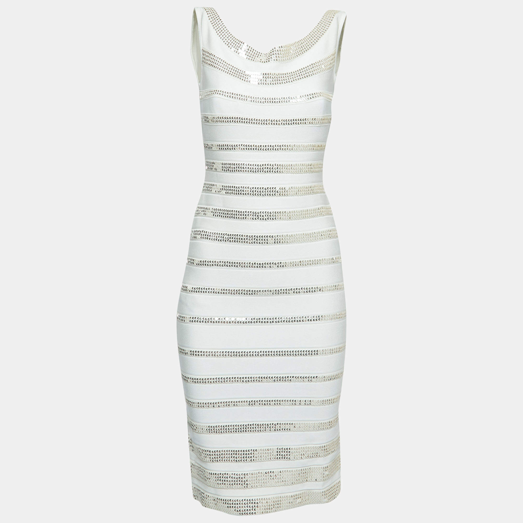Herve Leger White Striped Sequin-Embellished Bodycon Dress M