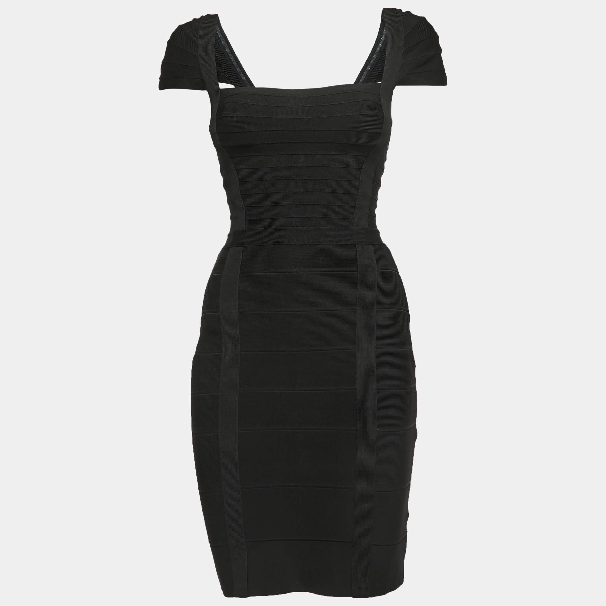 Pre Owned Herve Leger Black Knit Cap Sleeve Mini Bandage Dress XS